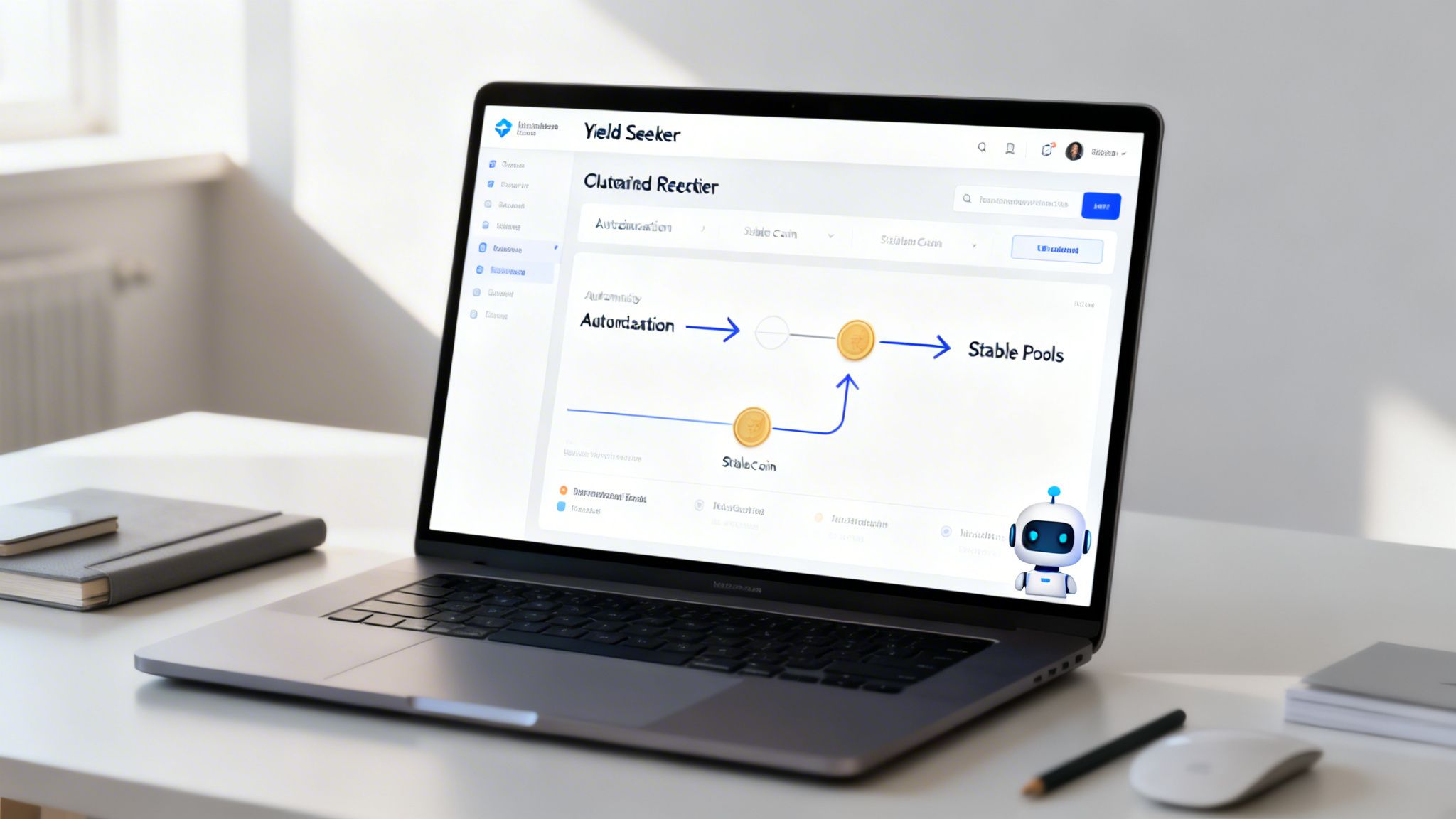 Laptop screen shows a DeFi yield seeker app with stablecoin automation and a robot.