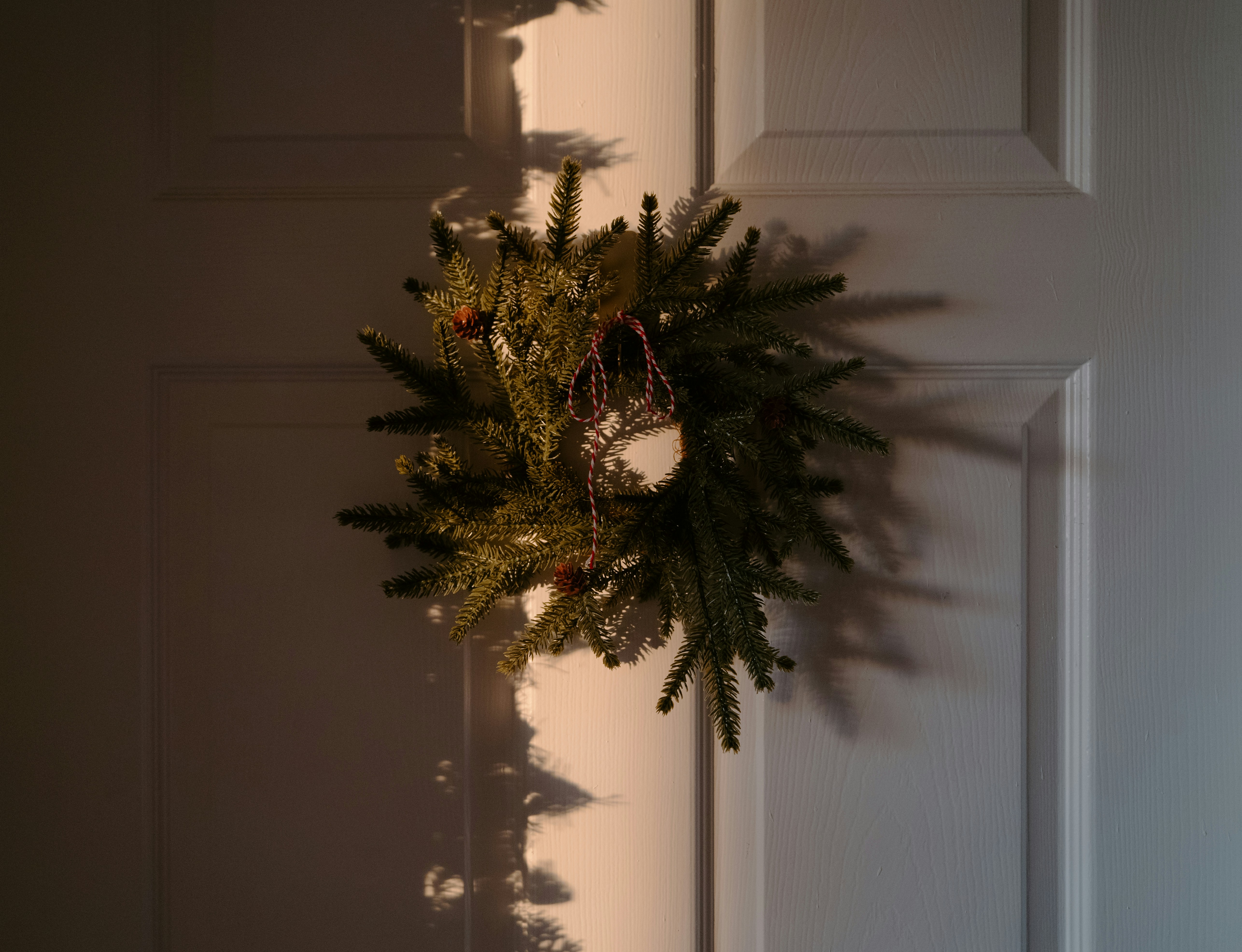 A festive wreath hangs on a white door.