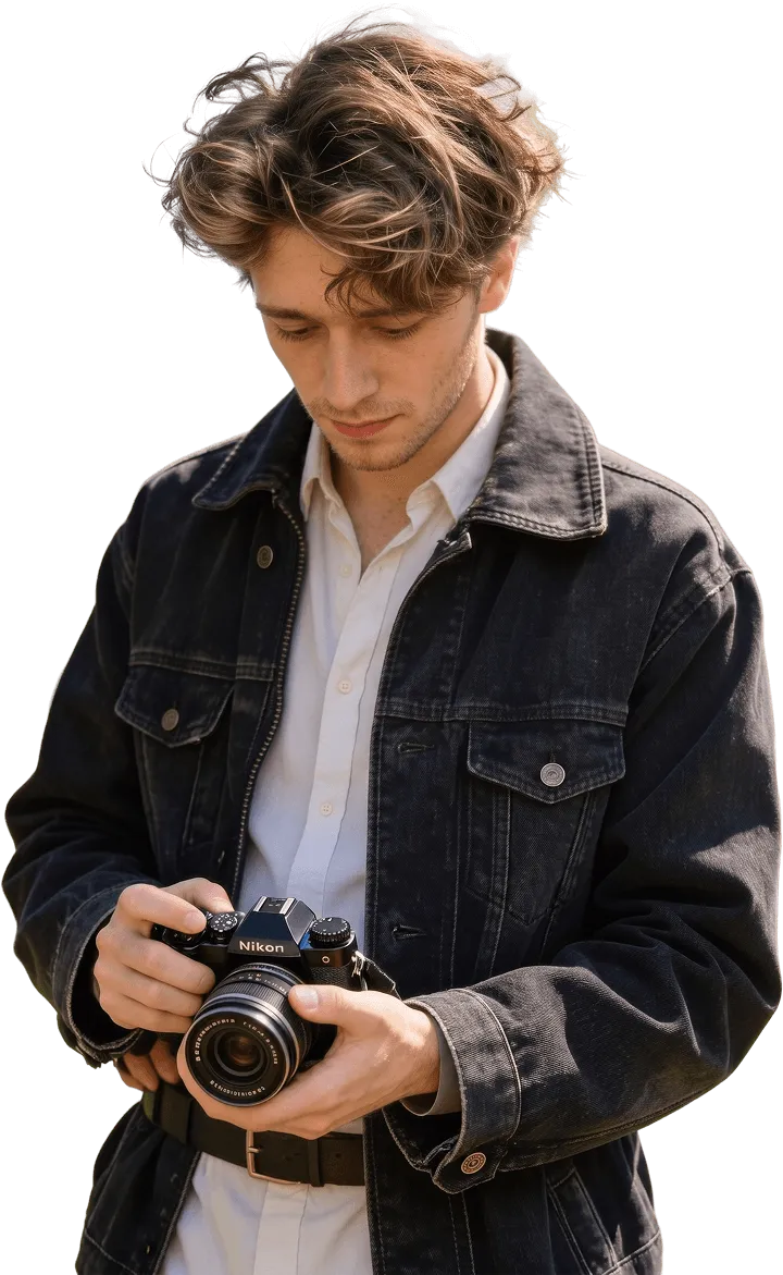 Photographer reviewing composition settings on a Nikon camera, wearing a dark denim jacket