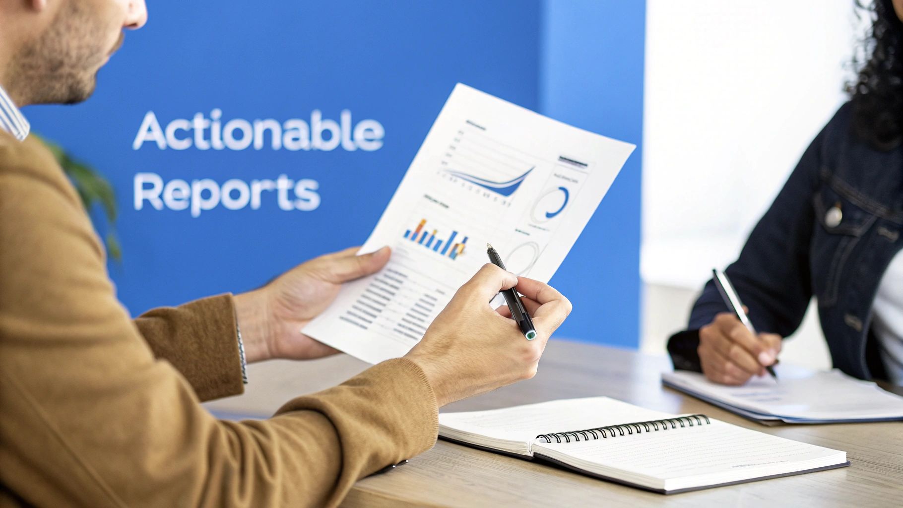A person pointing at a screen with various charts and graphs