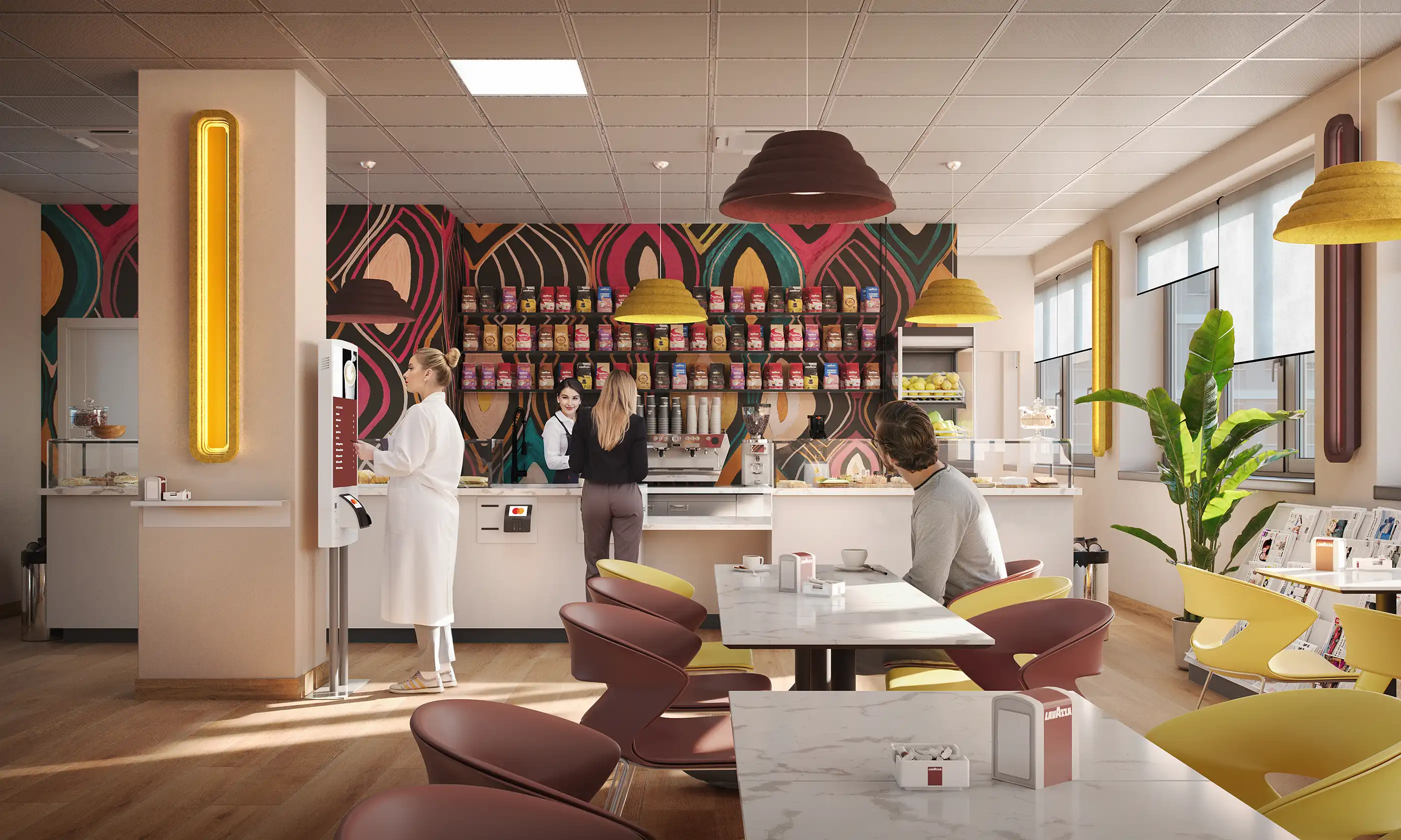 Bright modern coffee shop with colorful abstract mural, coffee shelves, self-service kiosk, and vibrant seating. Contemporary café interior design.