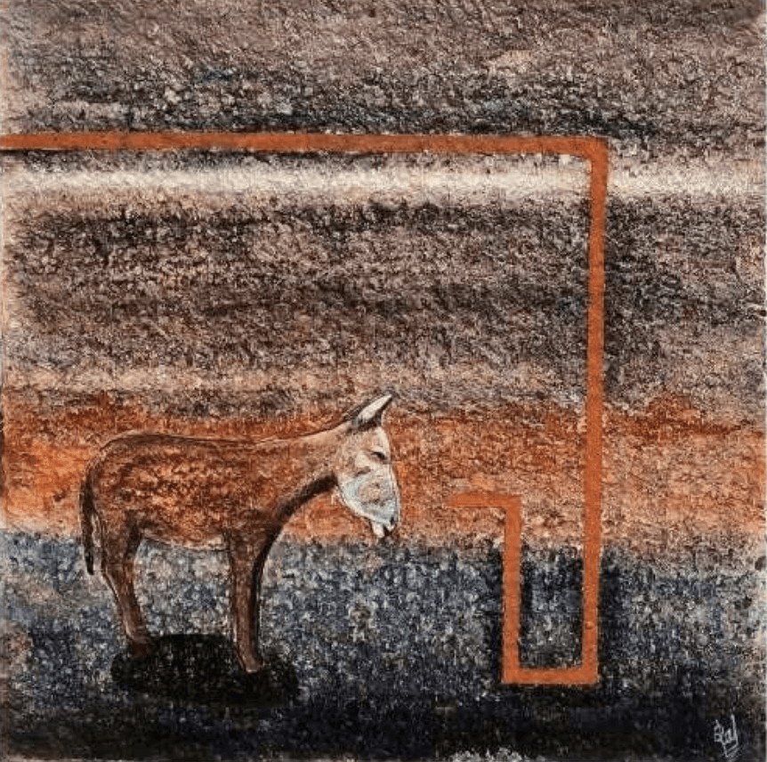 herd of sheep on road painting