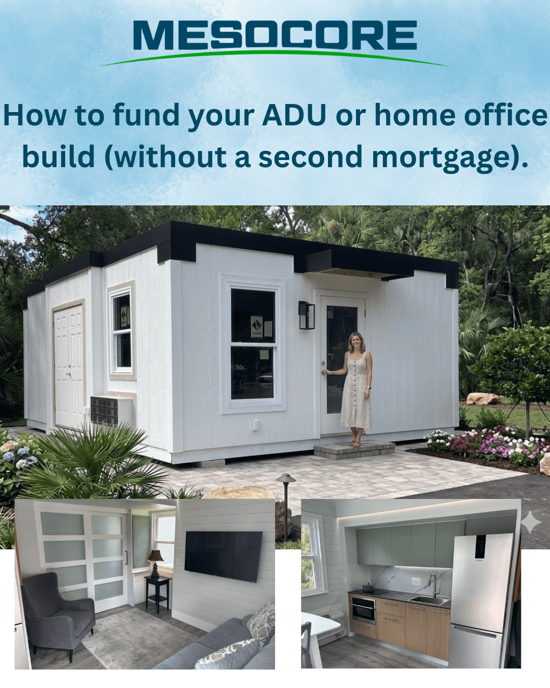 A full-sized permanent Mesocore modular home completed on-site, highlighting integrated land and construction mortgage solutions.