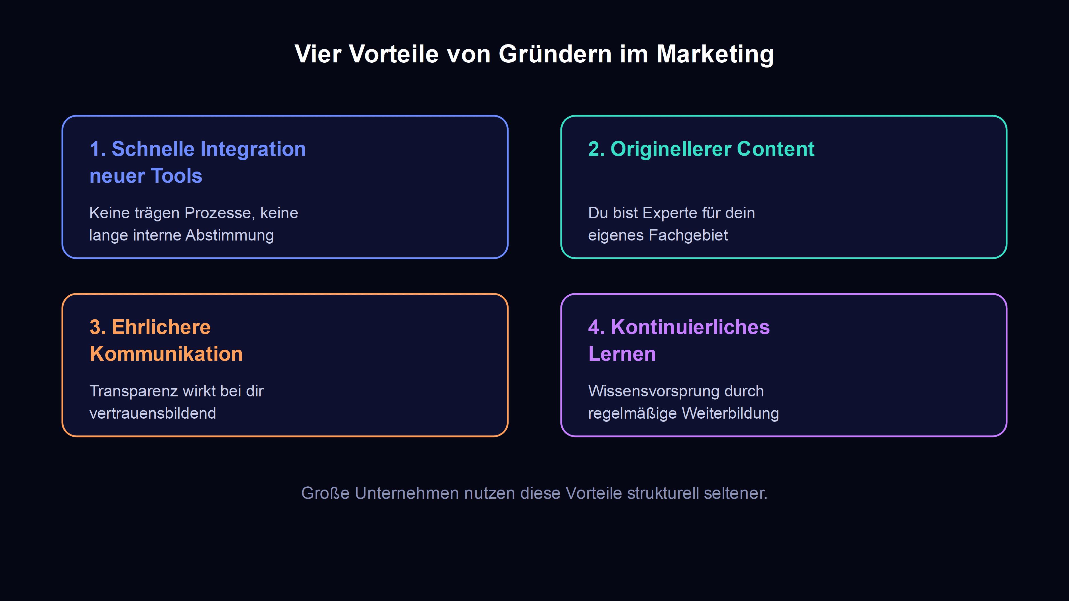 vier vorteile von gruendern gegenueber etablierten unternehmen im marketing: schnelle integration neuer tools, originellerer content, ehrlichere kommunikation, kontinuierliches lernen