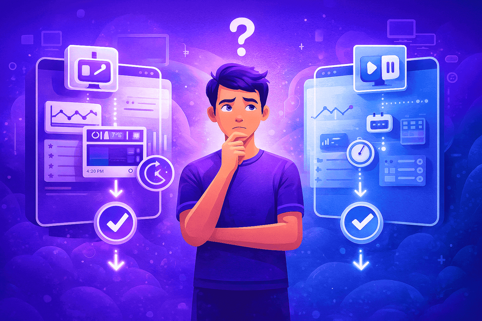 Illustration of a person standing between two glowing software panels, looking uncertain while comparing different monitoring platform features.