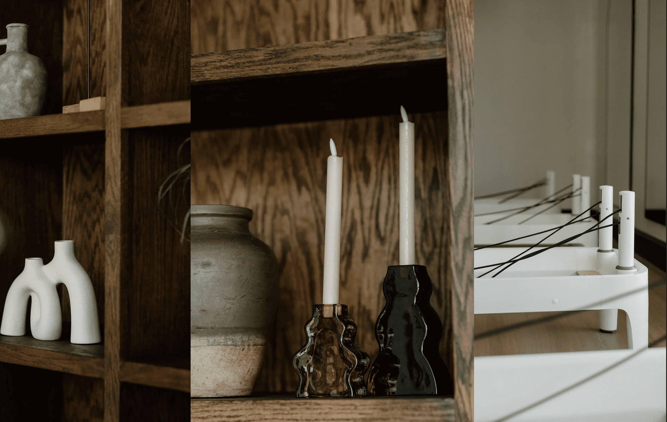 Interior styling details inside The Press Pilates studio featuring wood shelving, sculptural decor, and reformer equipment