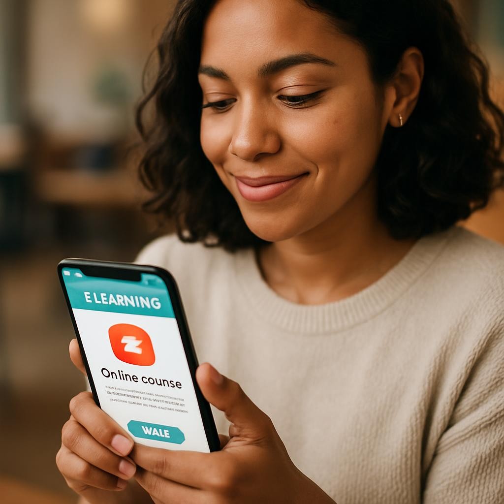 A close-up, slightly candid shot of a diverse young professional, a woman in her late 20s/early 30s, smiling subtly as she engages with an e-learning module on a modern smartphone held comfortably in her hands. The background is softly blurred, hinting at an informal setting like a coffee shop, park bench, or a relaxed corner of an office. The phone screen displays a vibrant, clean interface with clear text and an interactive element, indicating active learning. The image uses soft, natural lighting and a warm color palette, conveying ease, accessibility, and the personal nature of mobile learning.