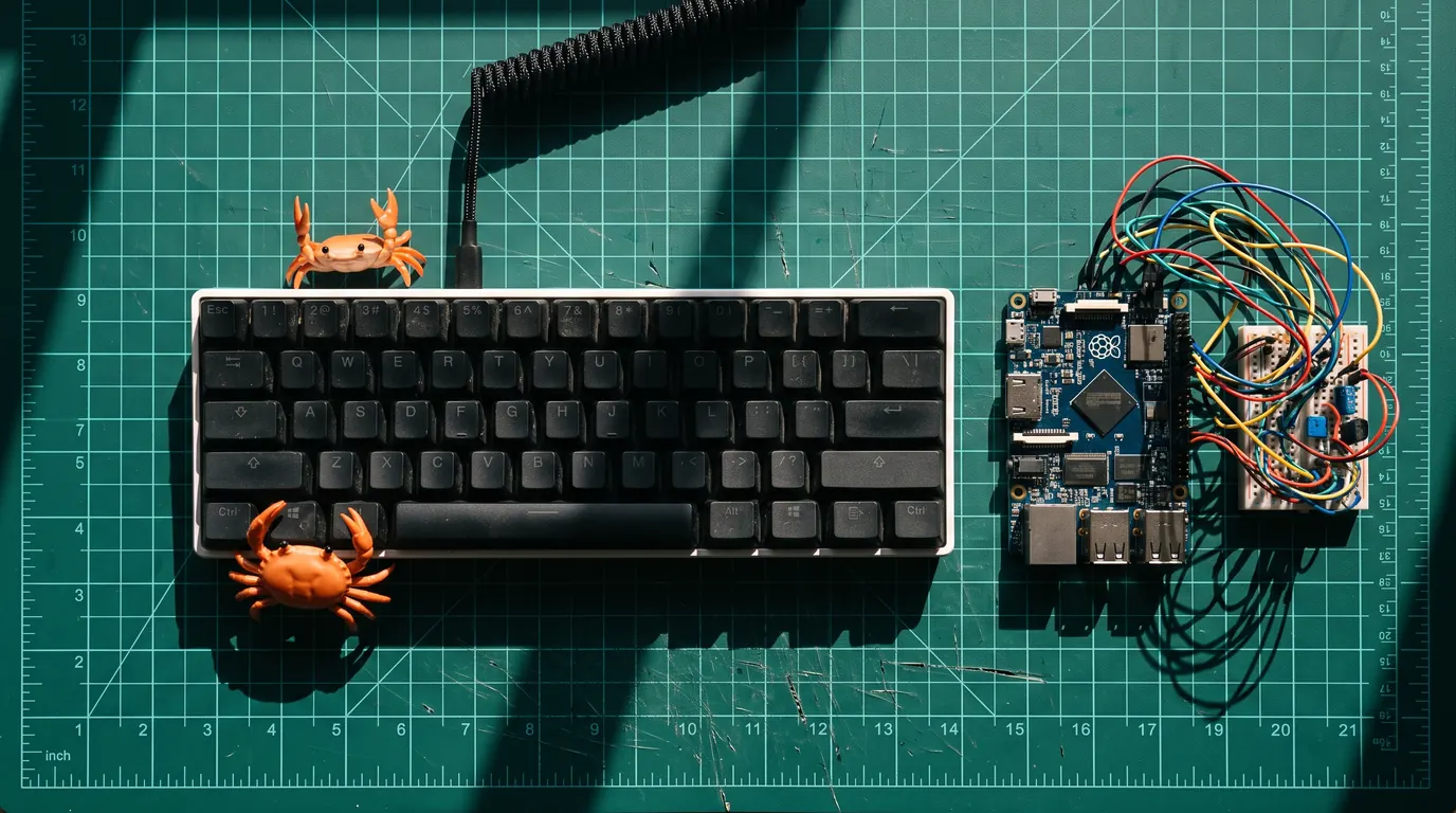 A toy crab, a keyboard and a small circuit board laid out on a dark green mat