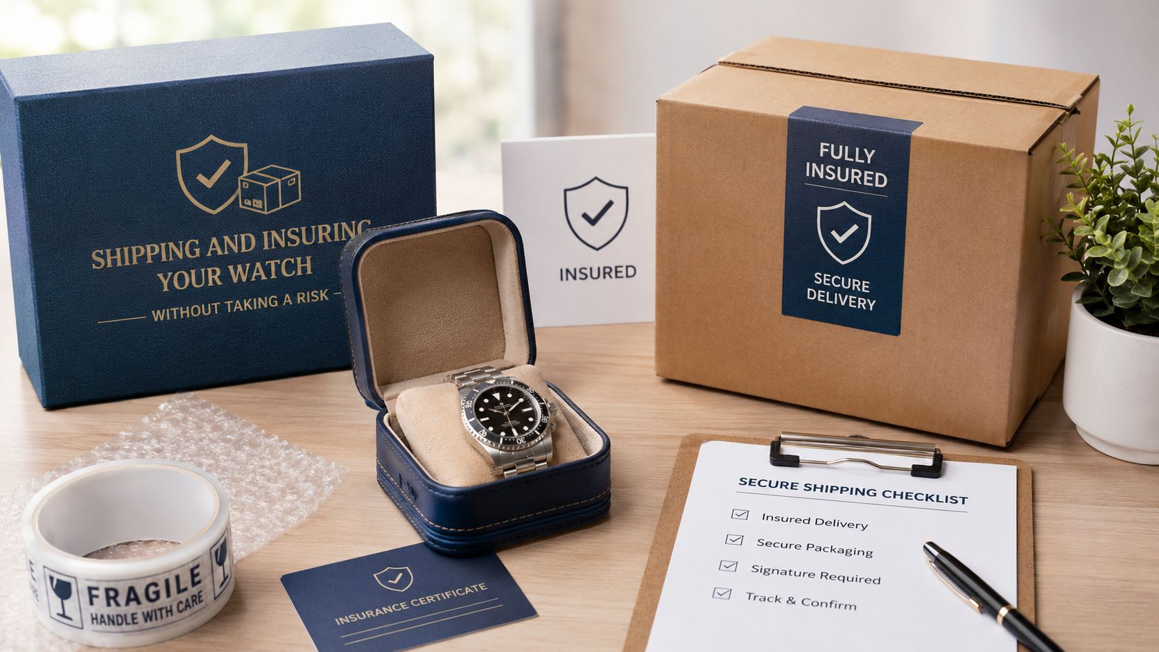 A watch inside a luxury blue box with shipping supplies, a checklist, and insurance documentation on a desk.