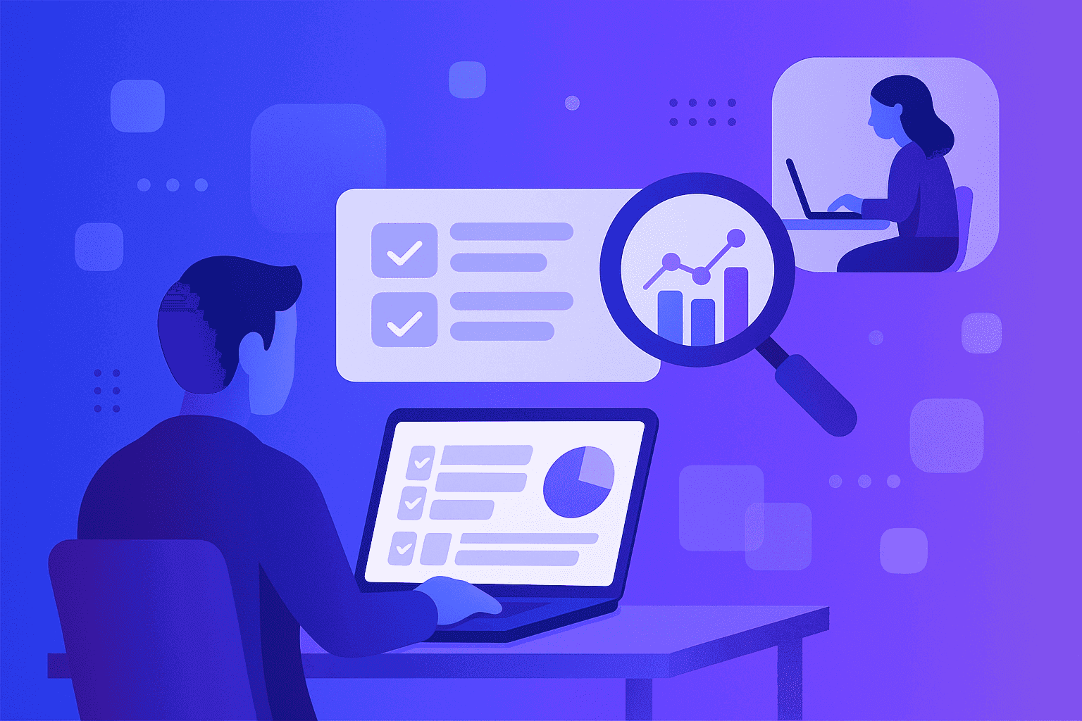Abstract digital illustration showing remote professionals connected through a modern productivity dashboard, symbolizing smart and transparent remote work monitoring.
