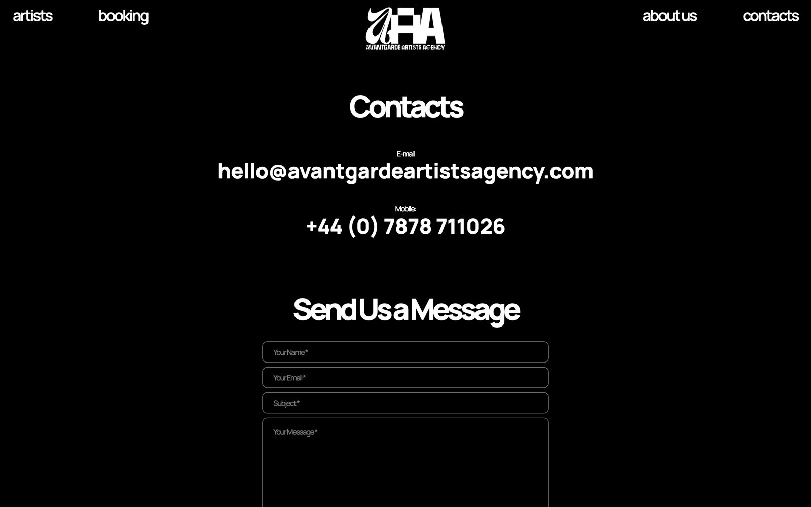 Black background with white text: "Contacts", email "hello@avantgardeartistsagency.com", phone "+44 (0) 7878 711026", and a message form.