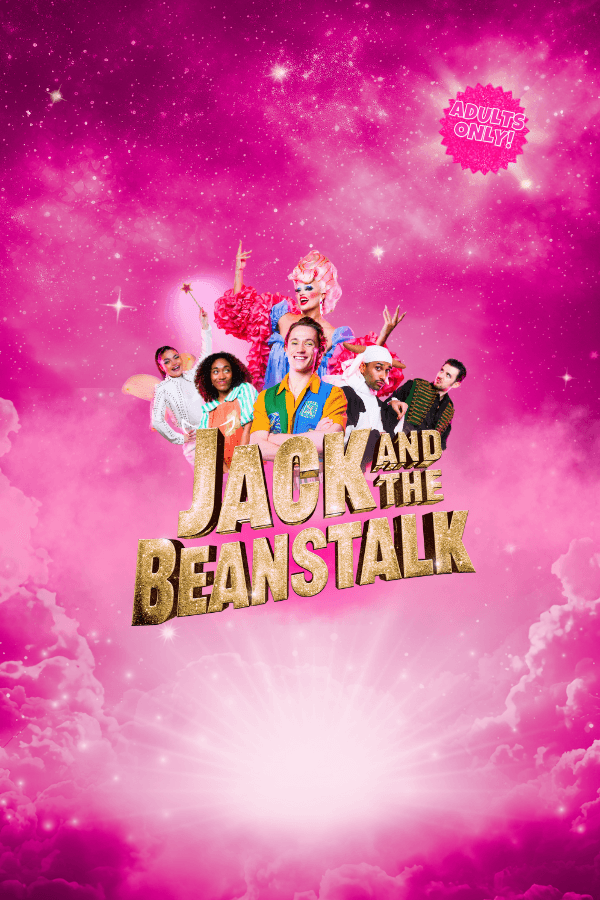 Jack and the Beanstalk West End show poster with beanstalk and pink sky.