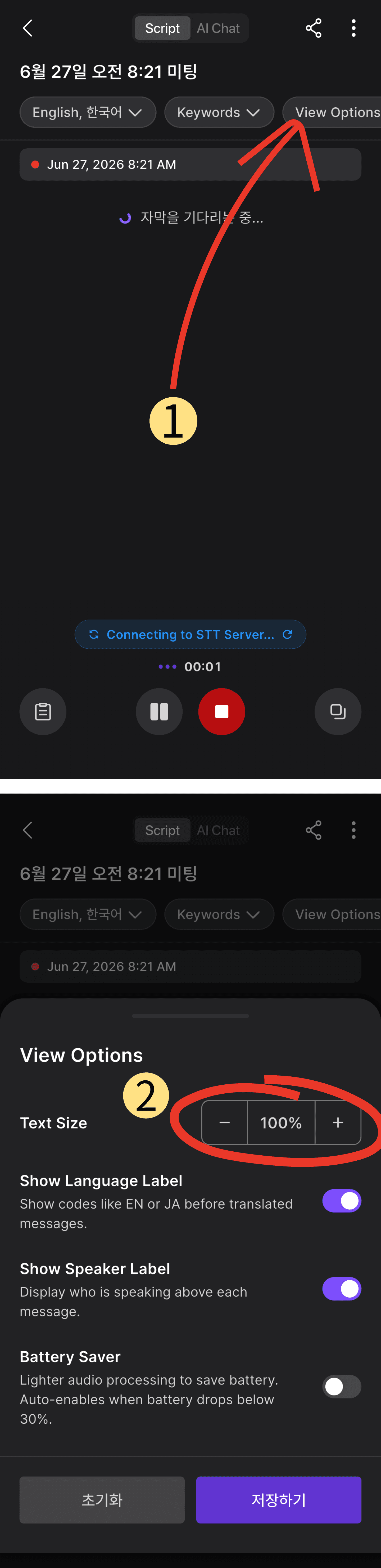 미팅룸 상단의 View Options 버튼을 누르는 화면