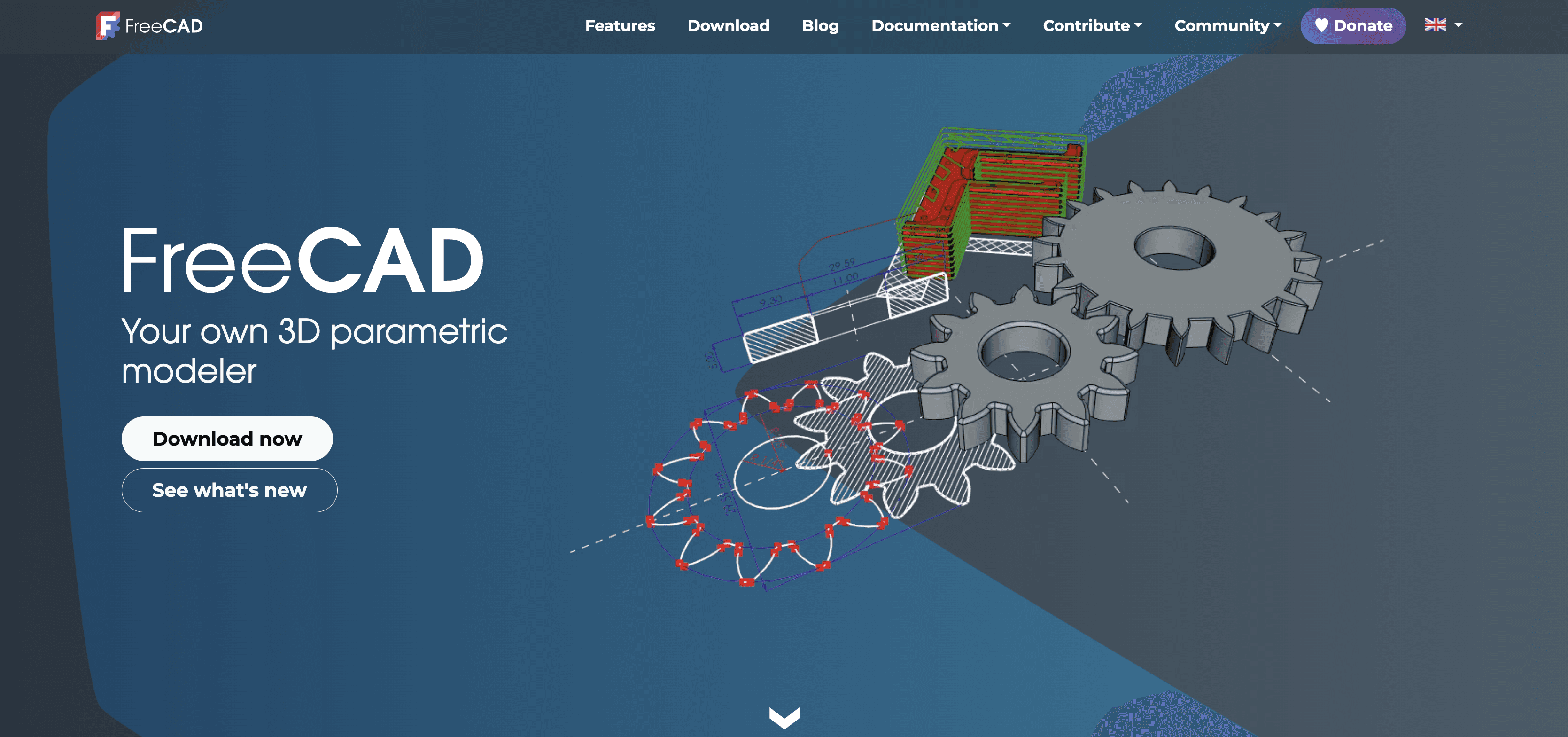 FreeCAD homepage screenshot showing open-source parametric 3D modeling software