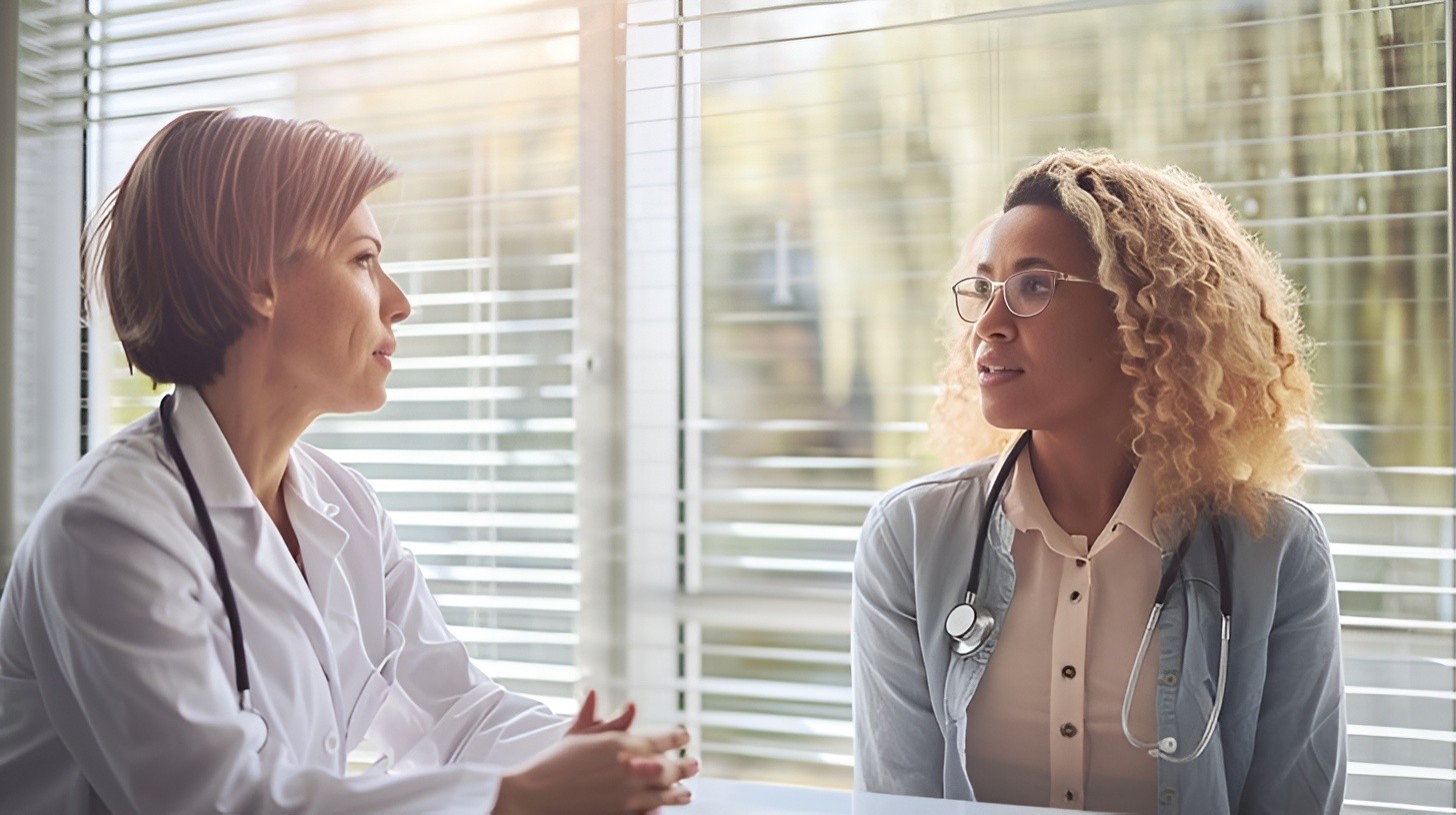 Two female doctors in white coats talking together in a bright clinic office about patient care at Venus Women's Health.