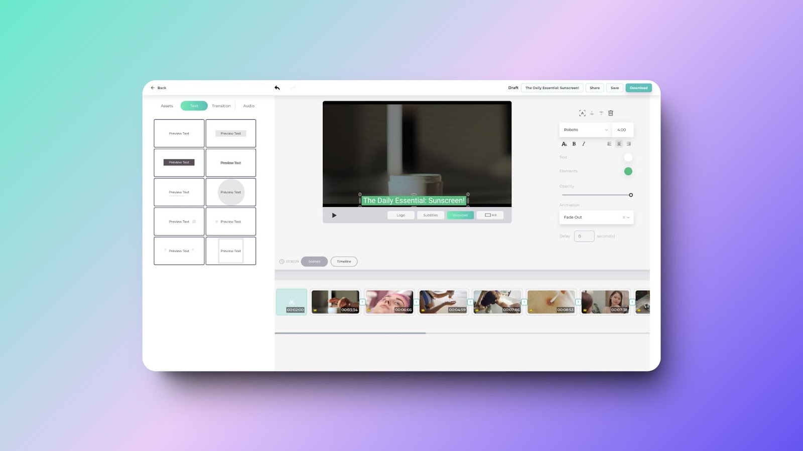 A picture of Designs.ai’s video editor interface with options to edit the video on both sides and the generated video in the middle of the tool