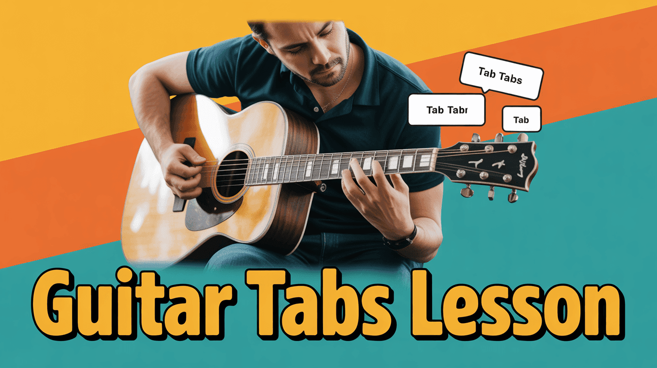 Acoustic Guitar Tabs Tutorial Thumbnail, featuring a focused guitarist playing acoustic fingerstyle with highlighted fretboard close-up and floating tab snippets