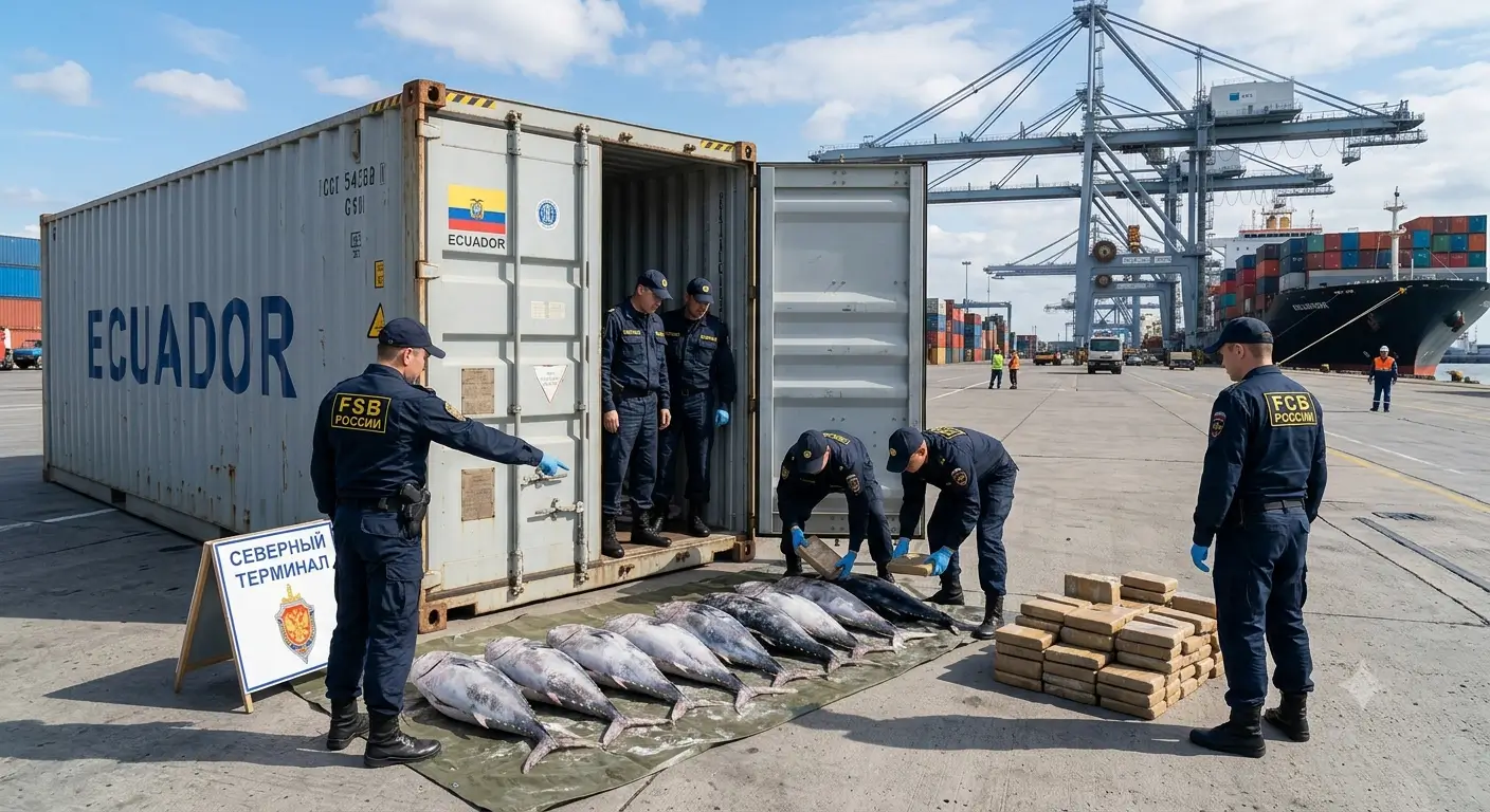 Officials seize drugs hidden in frozen fish inside an Ecuador shipping container at a seaport inspection.