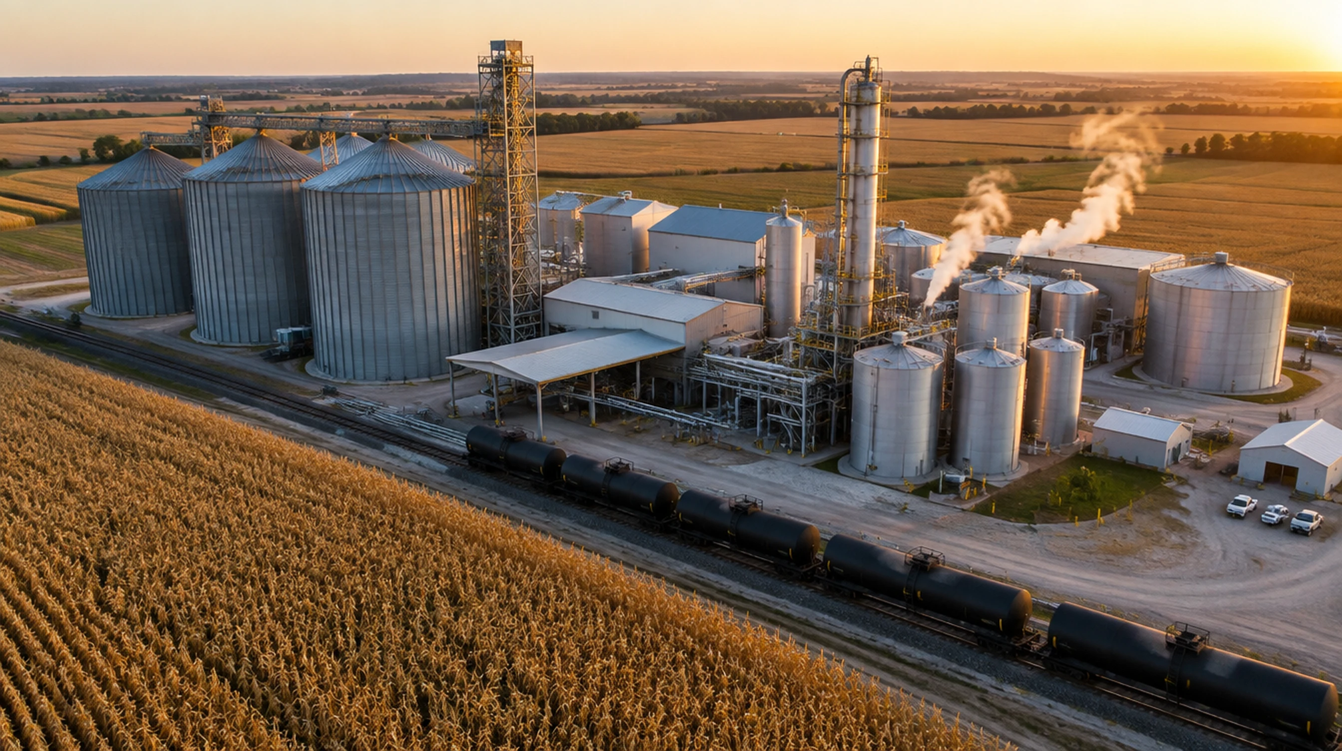 Aerial view of an ethanol biorefinery beside corn fields with rail tank cars