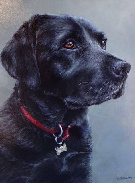 black labrador dog painting with red collar