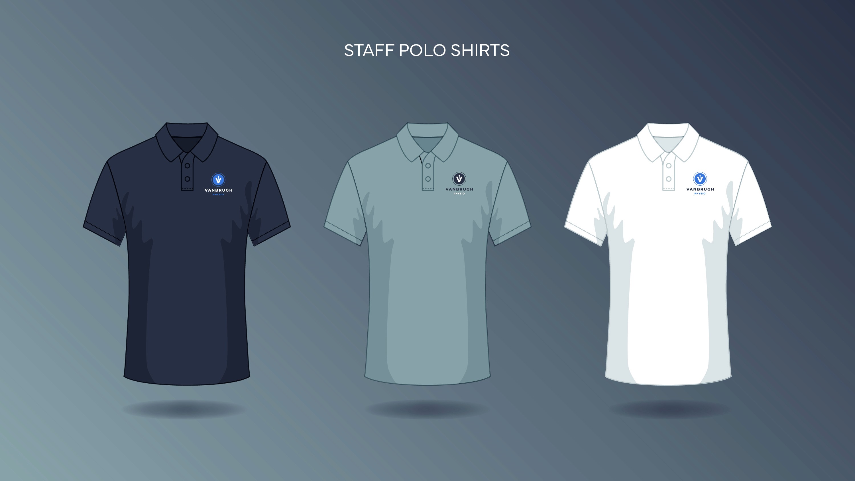 Vanbrugh Physio London staff polo shirt mock ups