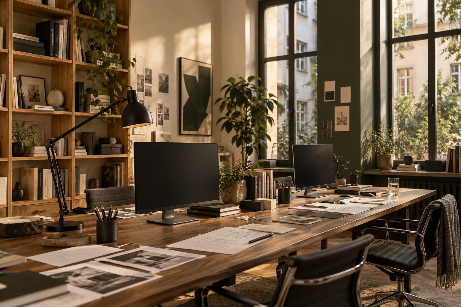 Warm design studio with walnut worktables and tall windows