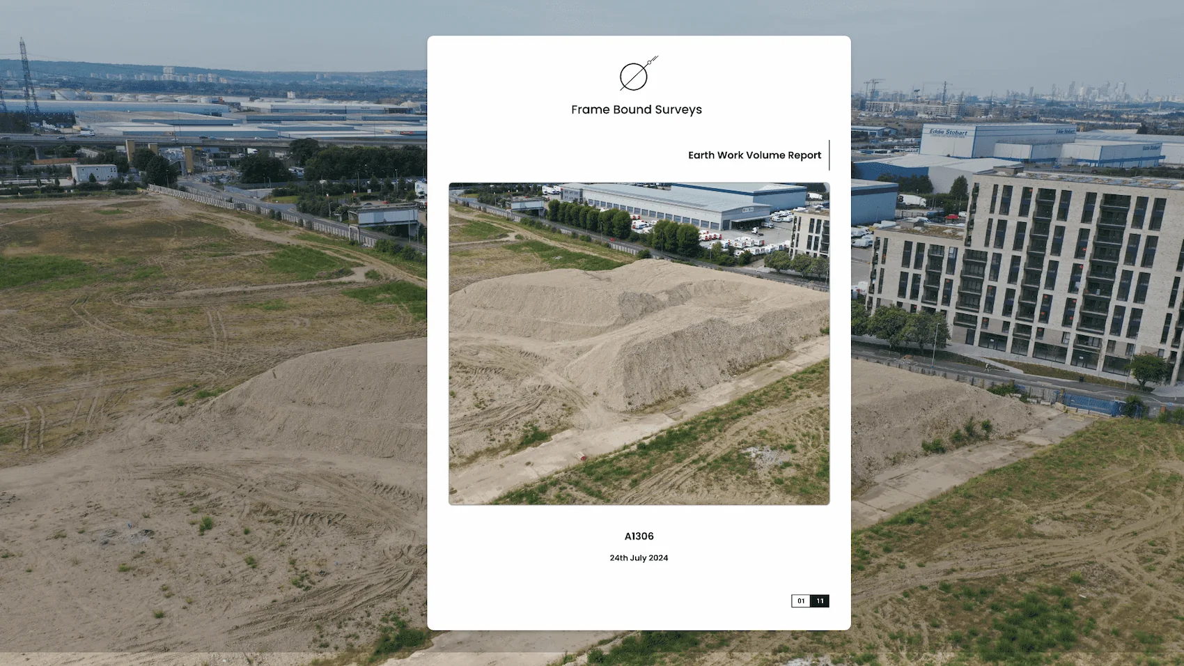 Frame Bound Surveys earth work volume report cover page for construction stockpile A1306 project