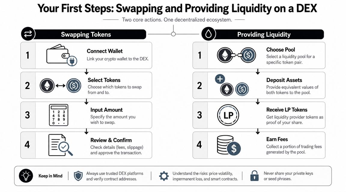 An infographic detailing the four steps for swapping tokens and providing liquidity on a decentralized exchange.