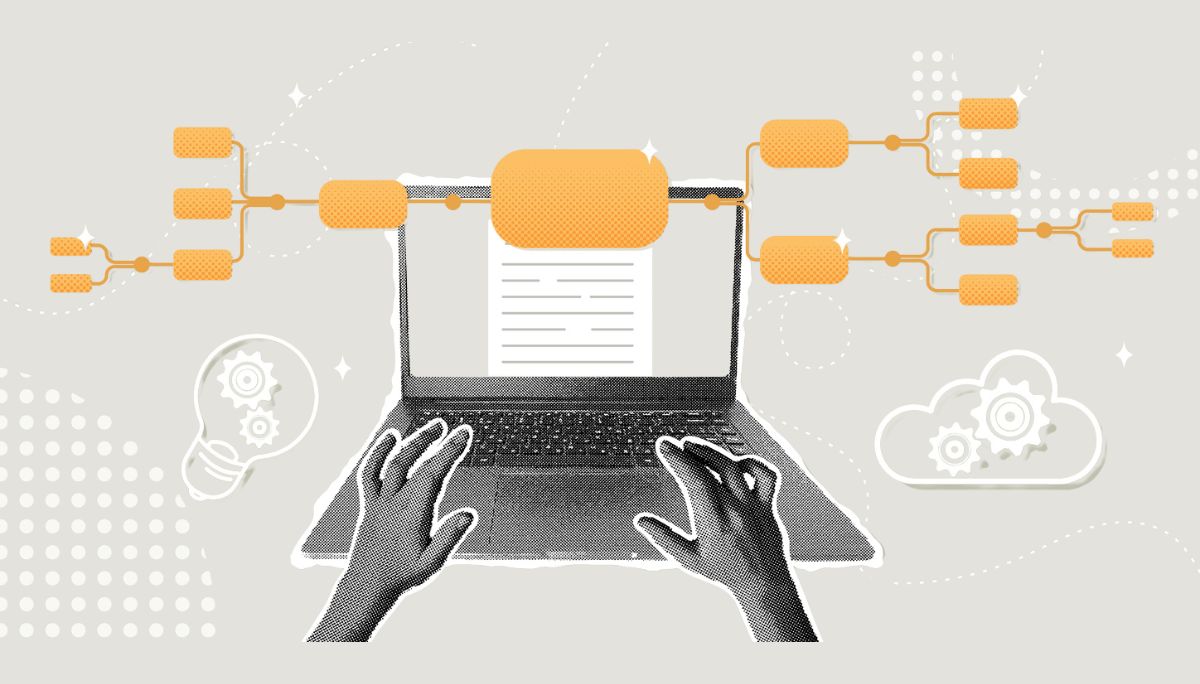 Hands typing on laptop with flowchart nodes, light bulb, and cloud icon.