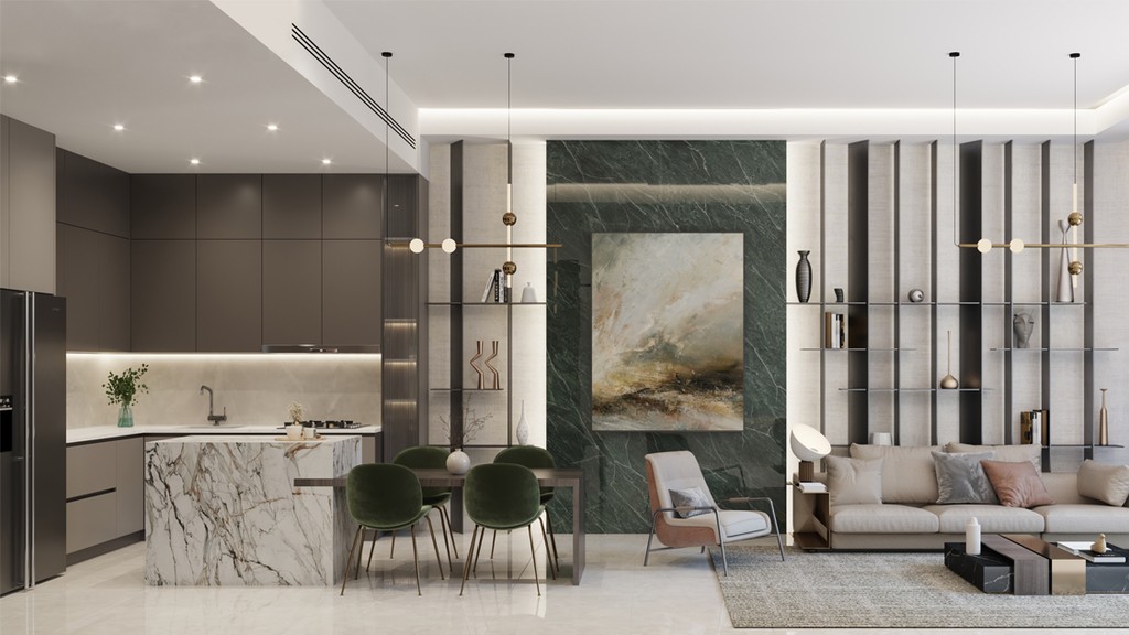 Modern open-concept Samana Park Meadows living space with sleek kitchen and marble island, green velvet chairs, abstract painting, and elegant neutral-toned sofa.