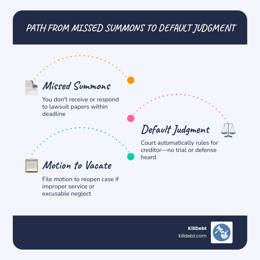 Path from missed summons to default judgment to motion to vacate outcomes - how remove default judgment debt infographic