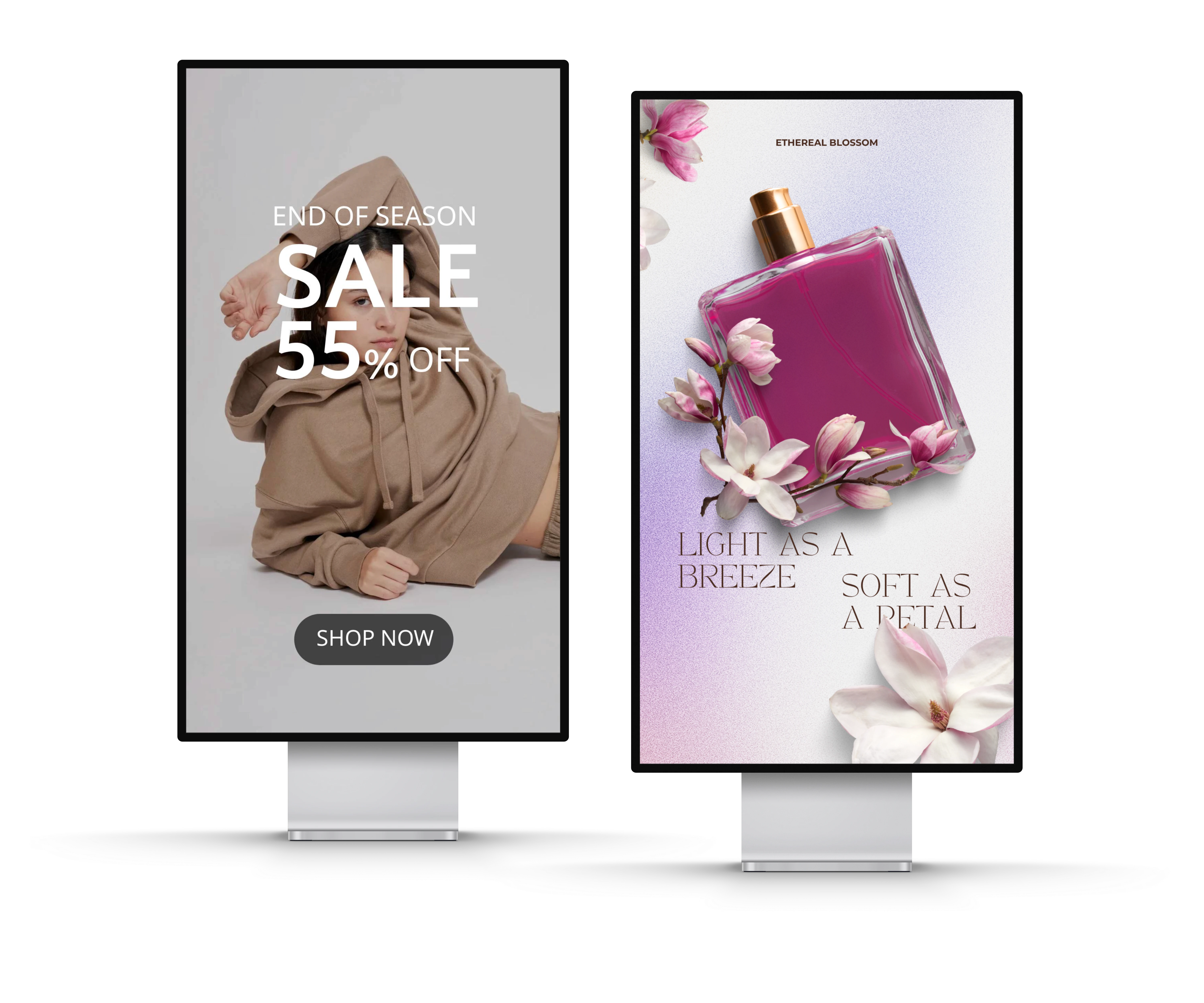 High-impact retail digital signage screens promoting fashion discounts and cosmetic products in-store.