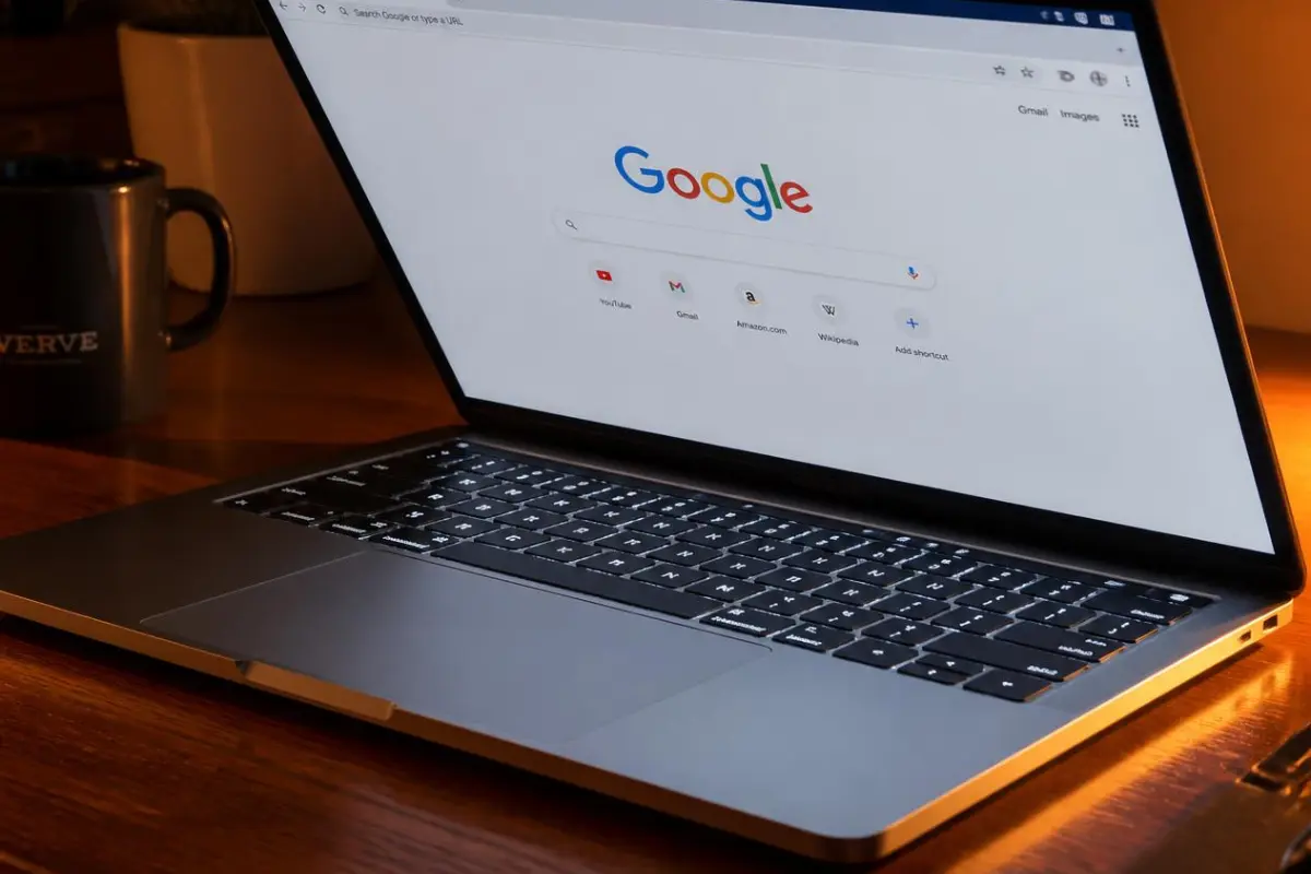 A laptop screen displays a website for Axel Steel Piercing, featuring a close-up of two individuals with facial piercings, emphasizing edgy style and bold expression, set in a cozy room with a mug and books, though unrelated to Bradenton, FL.
