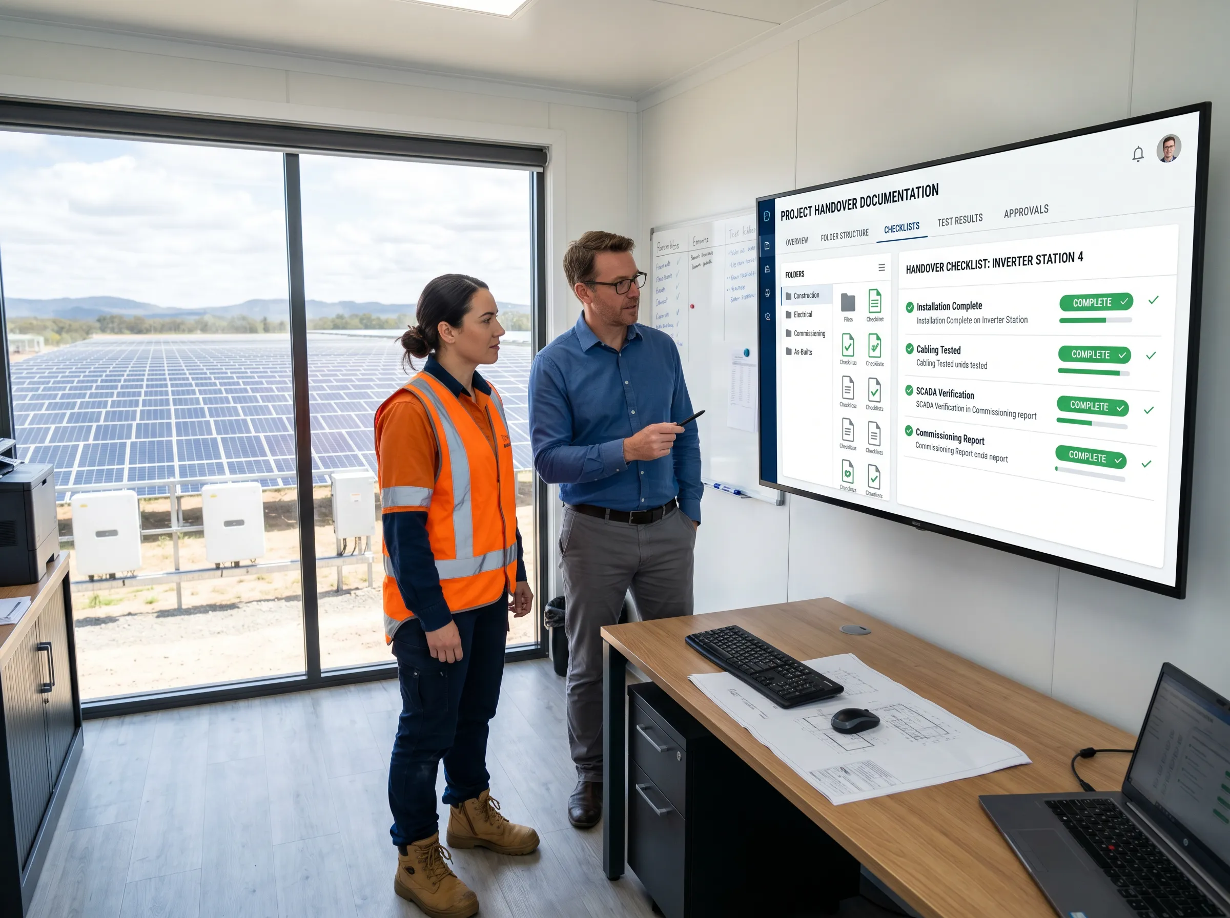 Two professionals in a control room review a wall-mounted screen displaying solar system diagnostics and asset information.