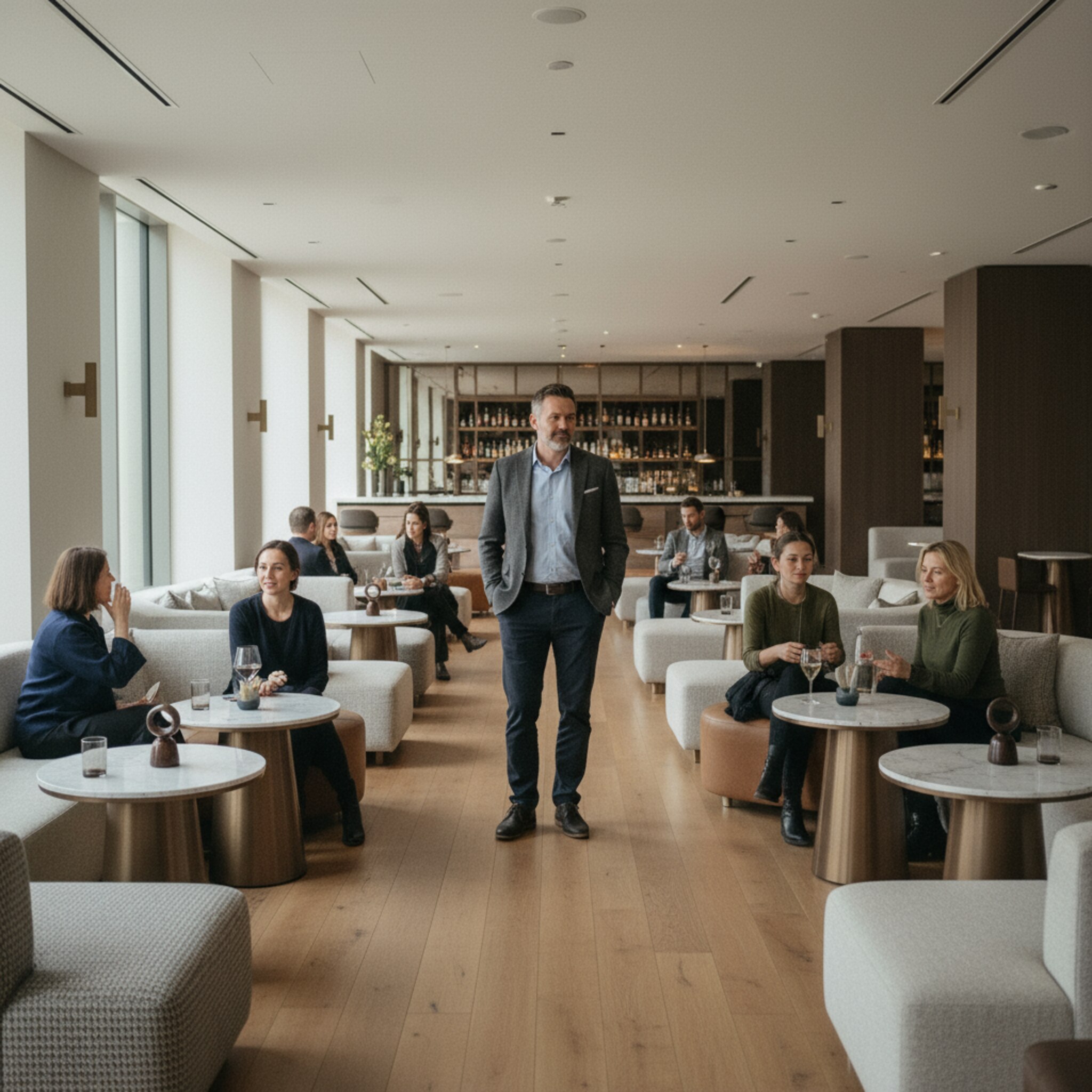 Ein großzügiger Clubraum mit klar definierten Sitzinseln und frei gehaltenen Laufwegen. Ein Supervisor blickt über den Raum, während Lichtkegel Tische dezent hervorheben. Das Layout wirkt logisch und ausgewogen. Die Umgebung vermittelt Übersicht und Ruhe trotz pulsierender Stimmung.