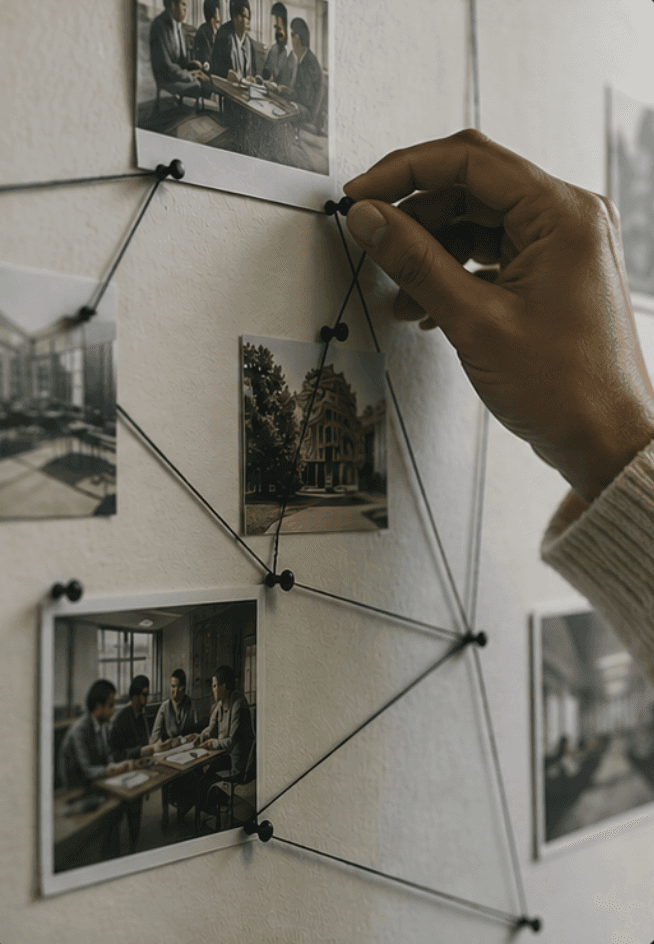 Hand connecting photos with string on a wall map