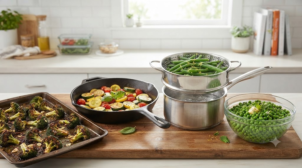 A high-quality food photograph illustrating four popular cooking methods for frozen vegetables on a clean, sunlit kitchen counter. The image features roasted broccoli on a baking tray, sautéed zucchini and tomatoes in a cast-iron skillet, steamed green beans in a stainless steel steamer basket, and microwaved peas with butter and mint in a glass bowl. The vibrant green colors and crispy textures create a highly appetizing health-focused meal-prep aesthetic.