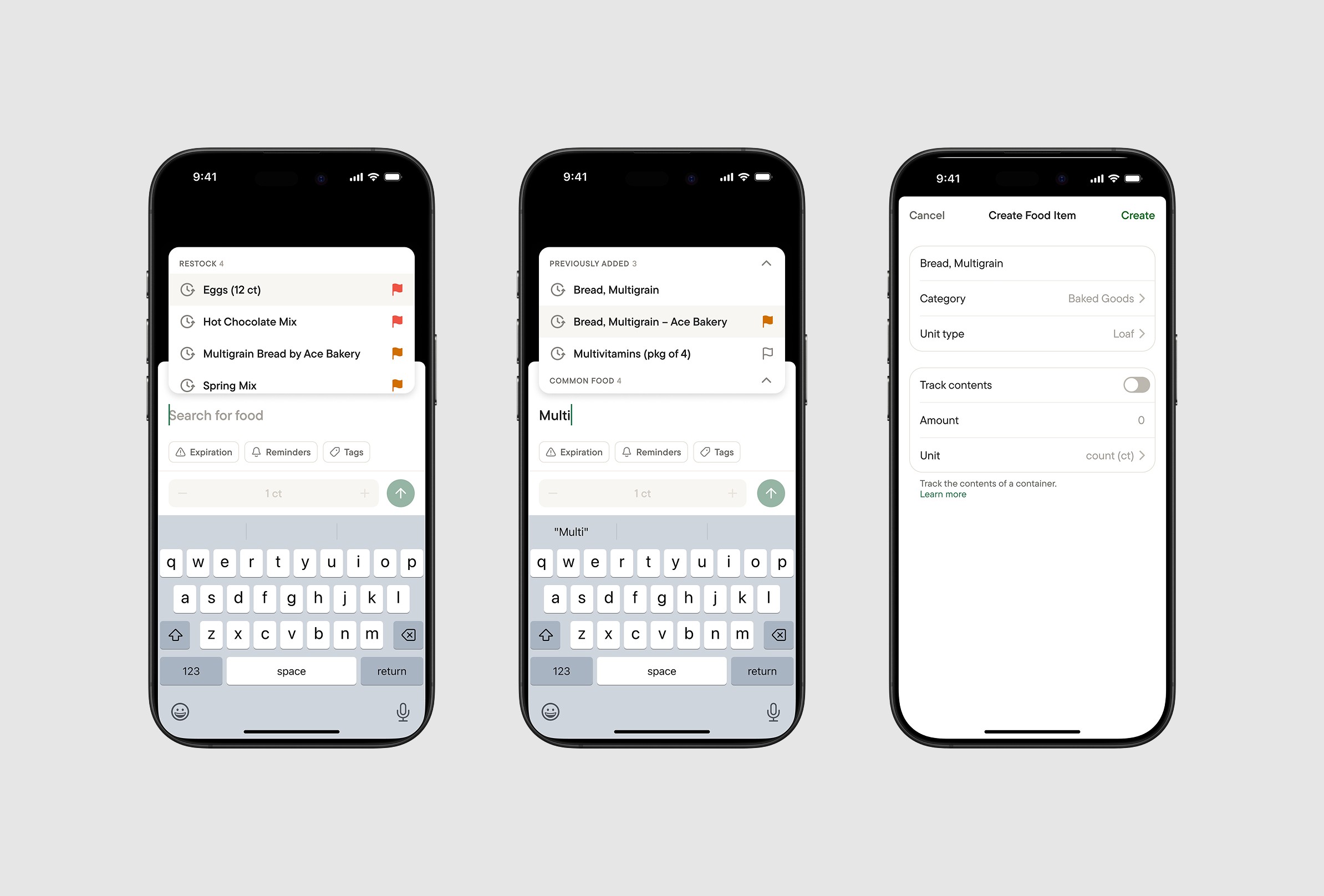 Add Items to Shopping list screens (Default and Typing states), and Create Food Item modal.