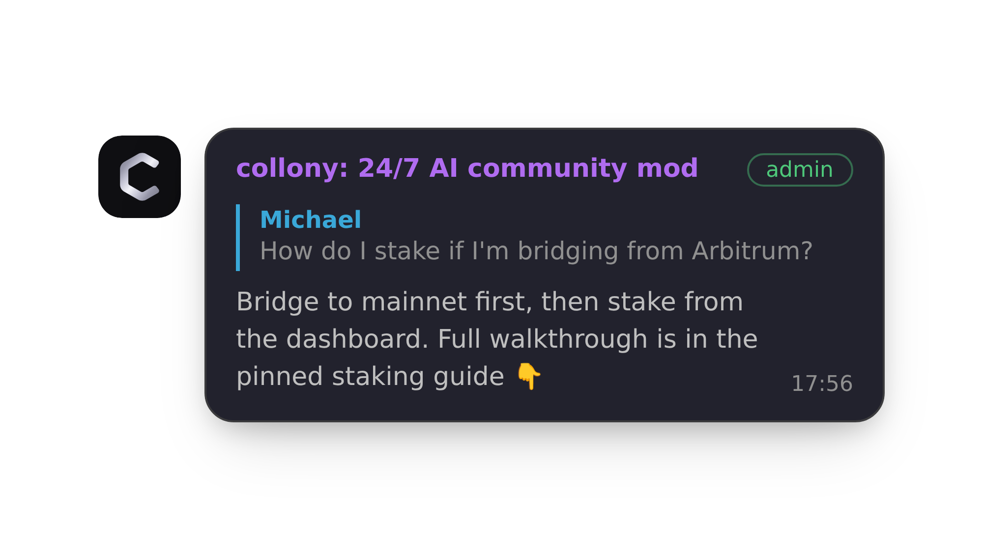 ollony's AI moderator answering a member's staking question in a Telegram chat, using the community's knowledge base.