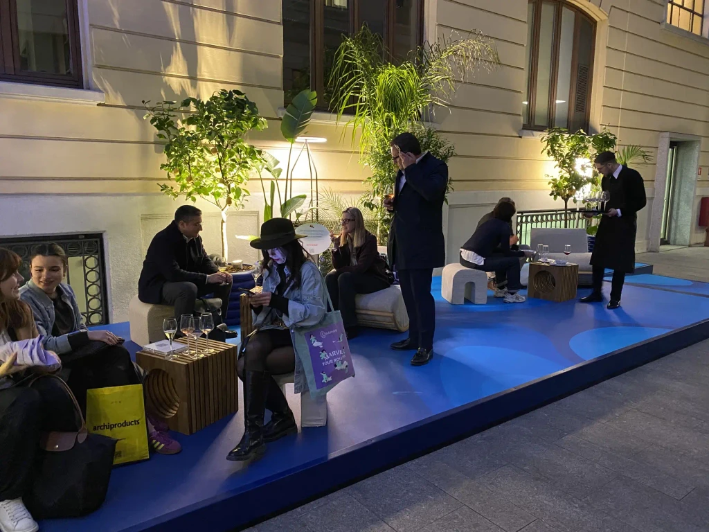 Exclusive luxury outdoor furniture at Fuorisalone Milan, offering stylish seating for an elegant happy hour.