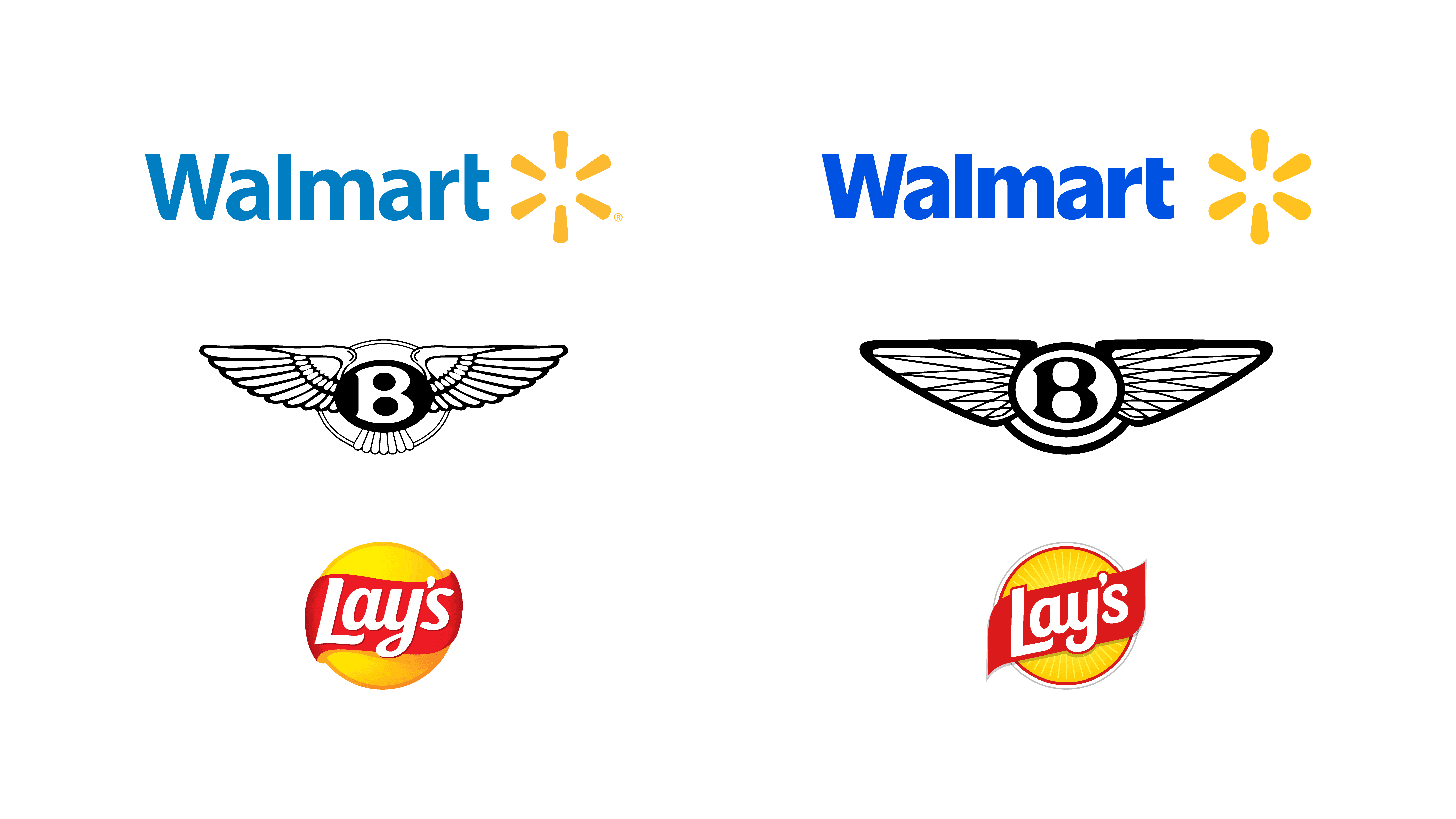 Side-by-side comparisons of Walmart, Bentley, and Lay’s logos showing simplified and bold redesign variations.