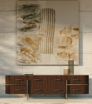 wooden sideboard with metal feet, contemporary lighting and refined atmosphere