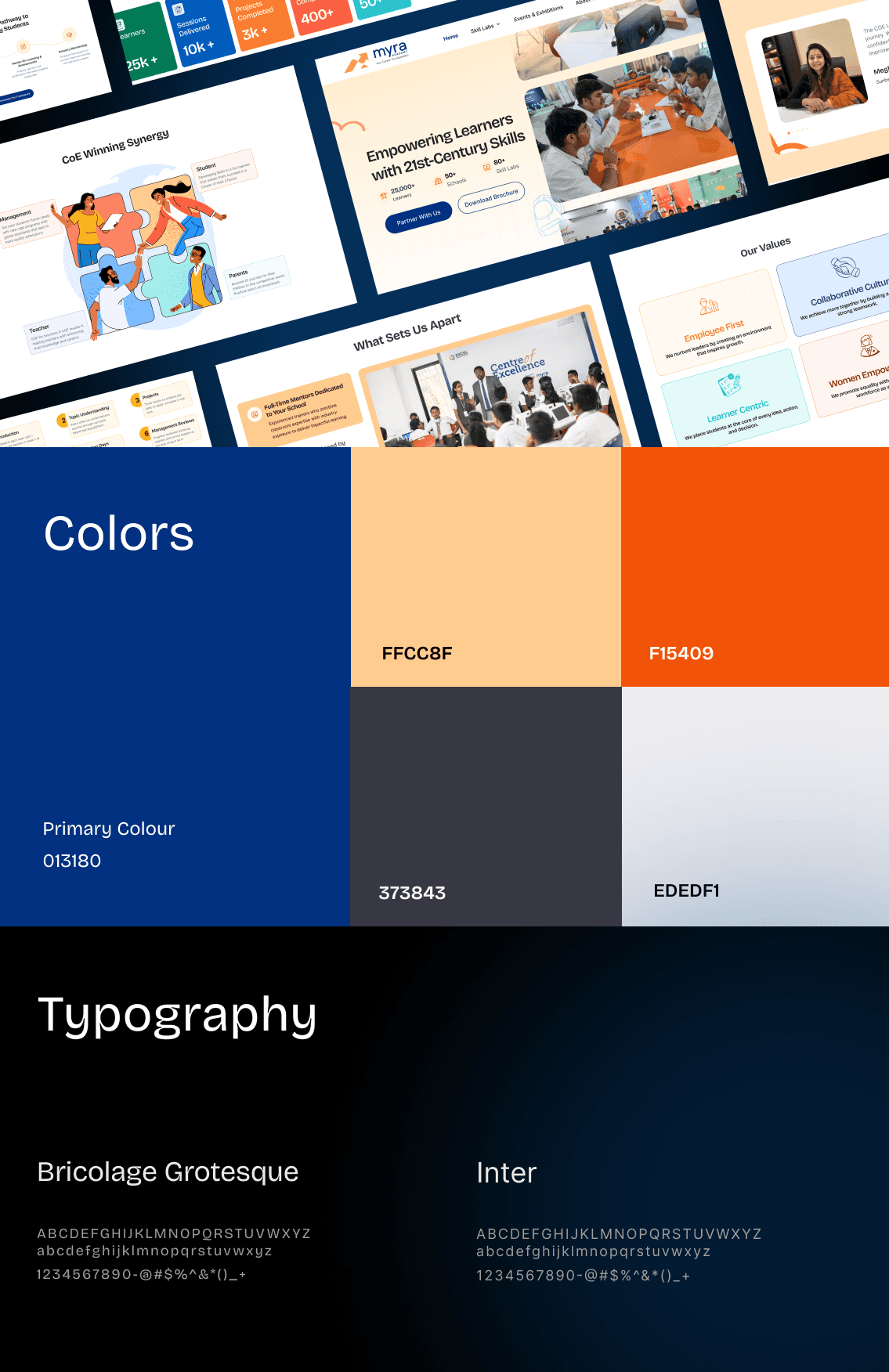 Myra Academy brand style guide showing website mockups, color palette with blue primary color and orange accents, and typography system using Bricolage Grotesque and Inter fonts