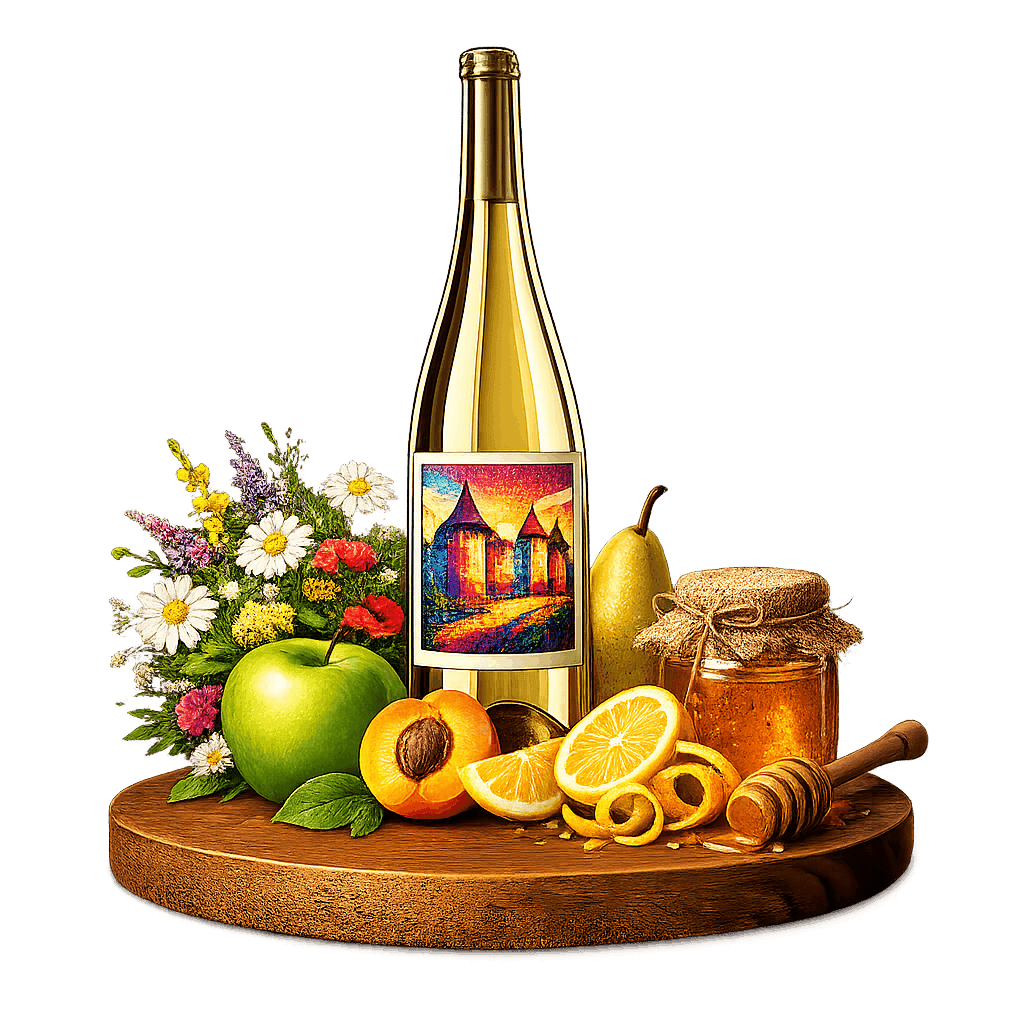 Artistic label and flavor profile for Moldovan Feteasca Alba on a rustic wooden table.