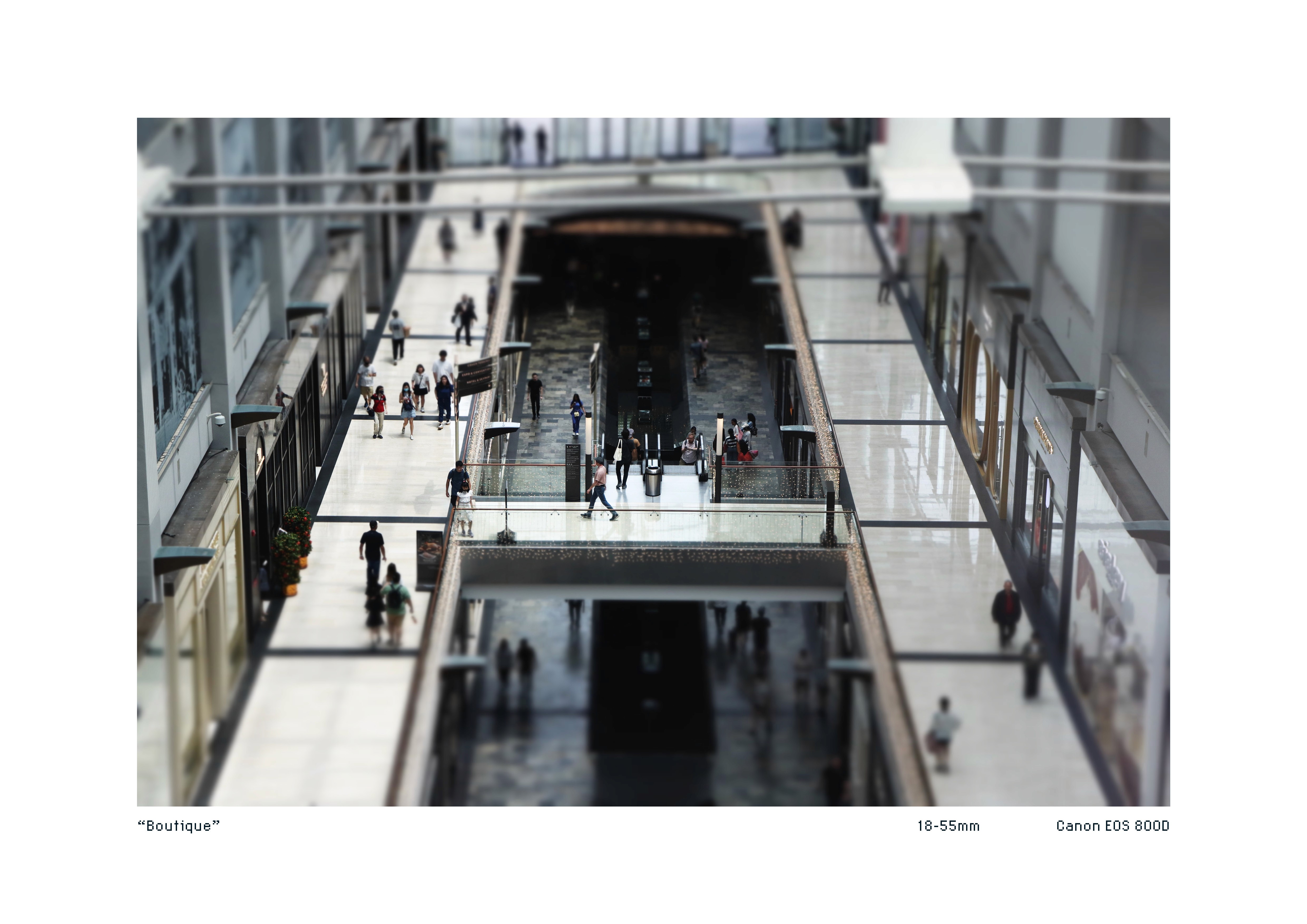 Tiltshift image of the interior structure of The Shoppes of the Marina Bays Sands in Singapore