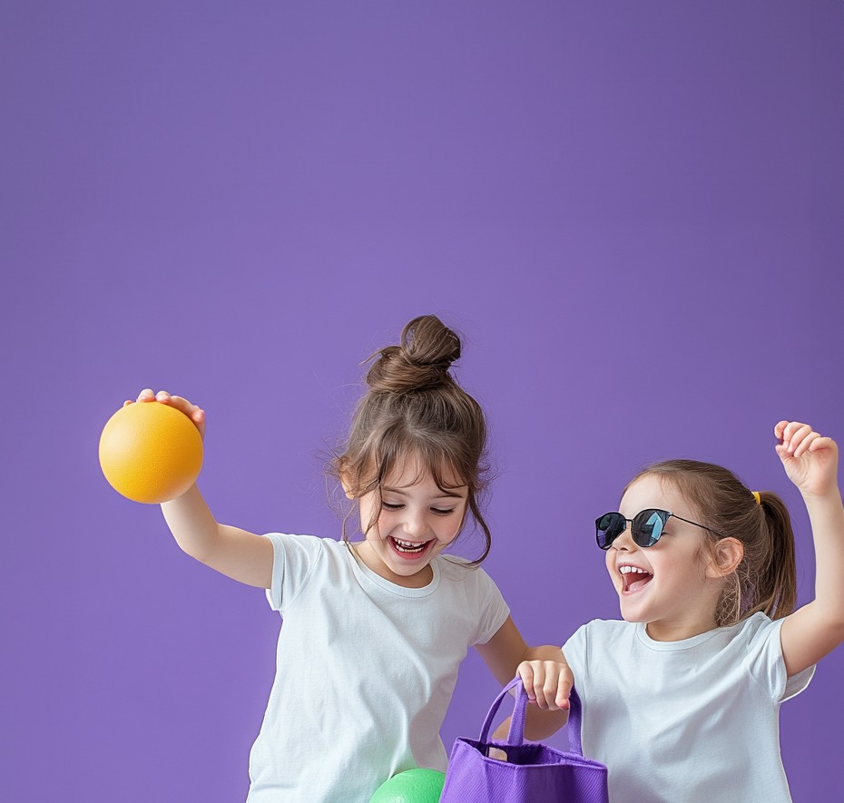 Two kids playing around luckily with an orange ball