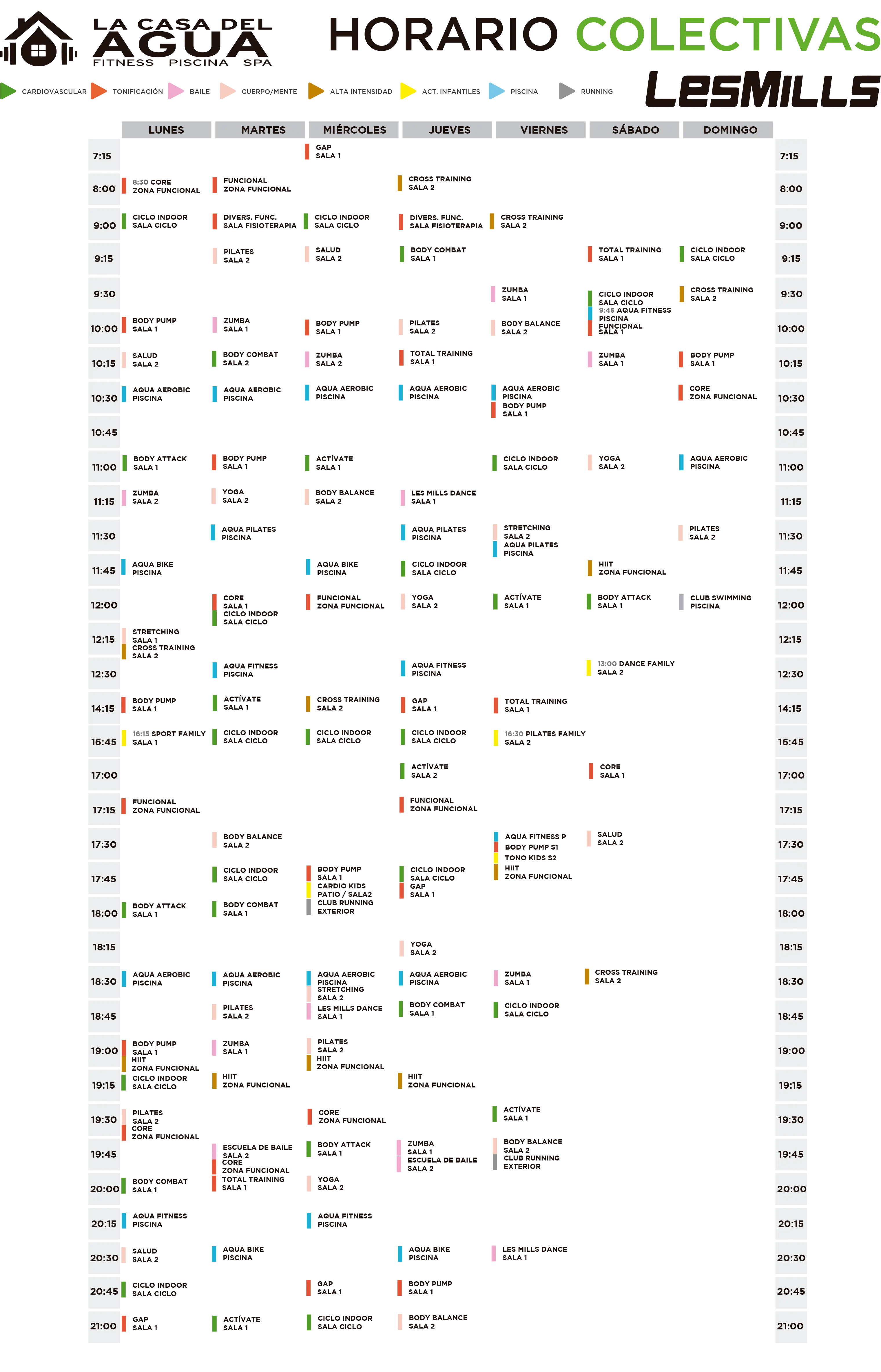 horario de actividades de La casa del agua sport