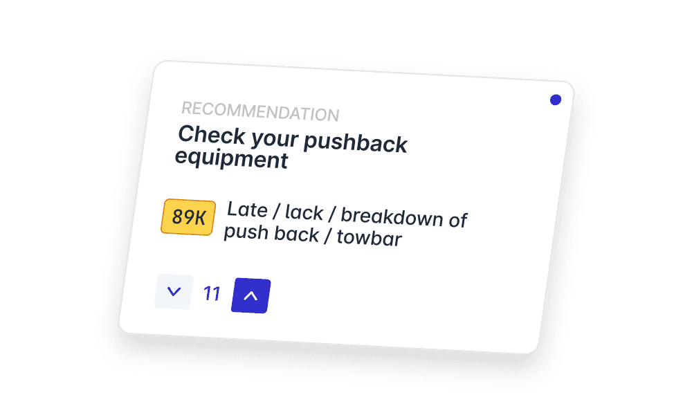 A digital interface from the Cosmos app displays a recommendation stating "Check your pushback equipment" above specific details about equipment issues, emphasizing airline performance and innovation in aviation solutions.