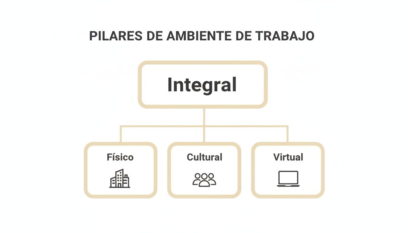 Diagrama de los pilares del ambiente de trabajo: integral, con componentes físico, cultural y virtual.