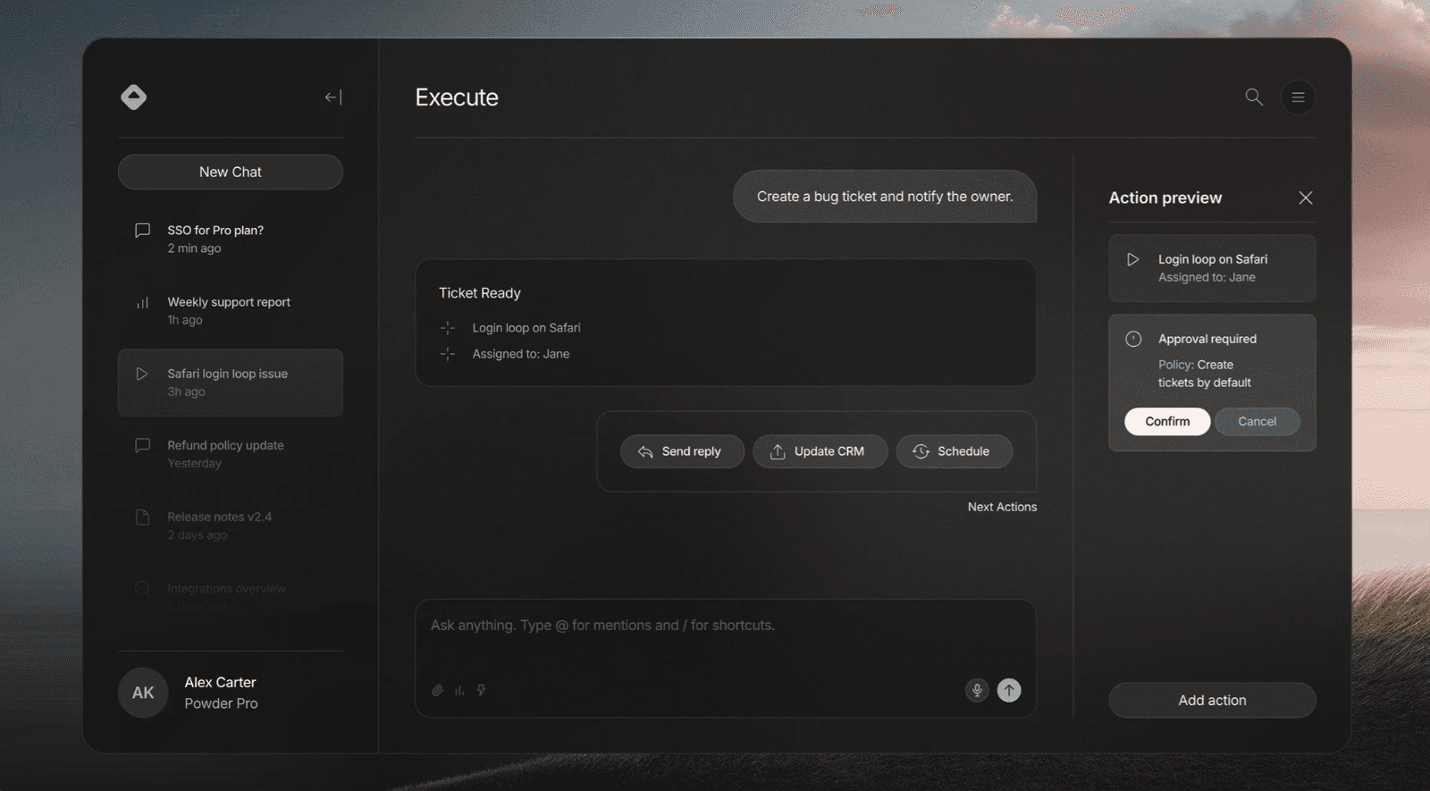 Bug ticket creation flow with action preview panel and approval confirmation prompt.
